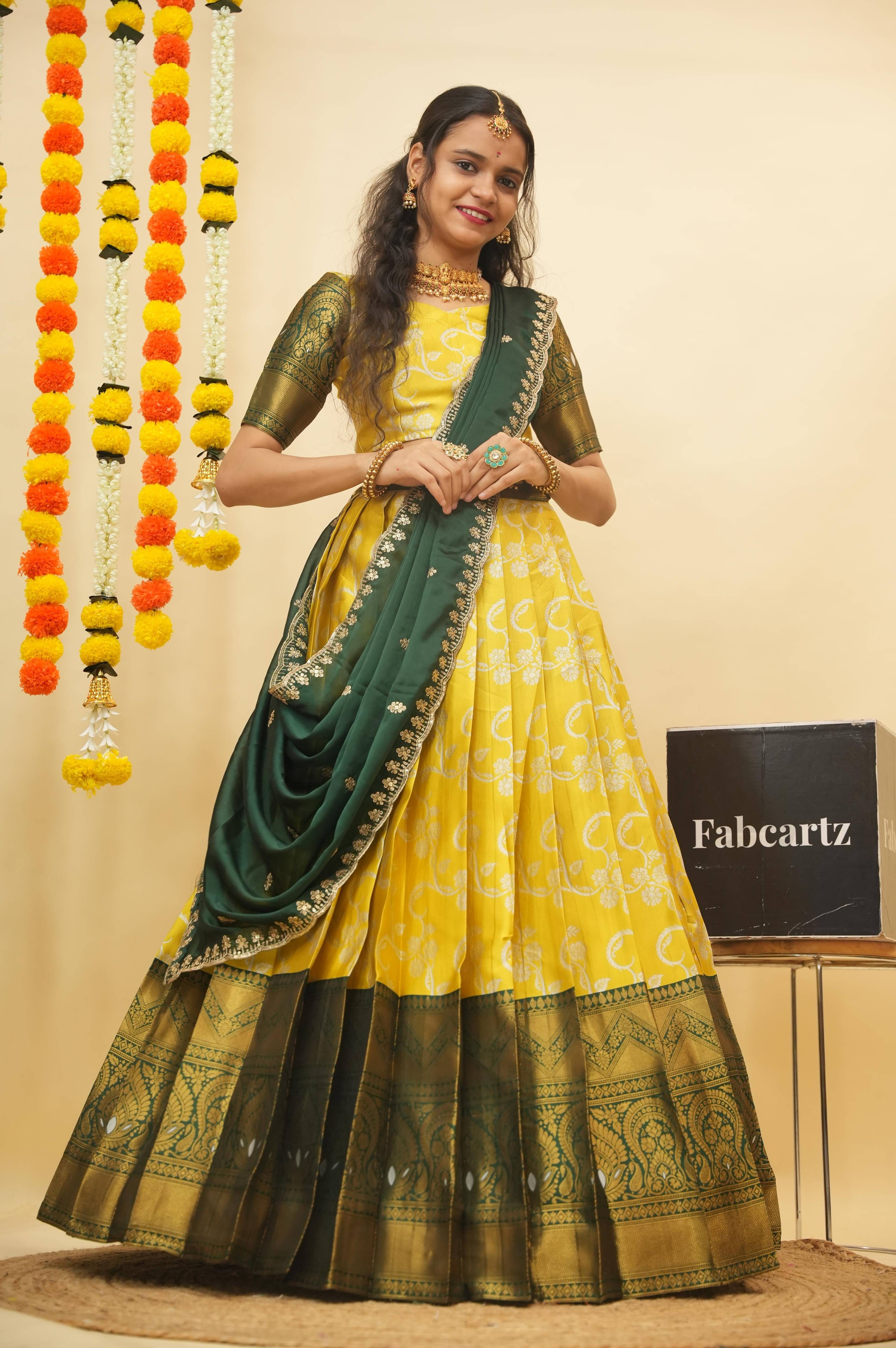 Fabcartz Women Jacquard Flared Unstitched Lehenga Choli ( Yellow ) Fabcartz Women Jacquard Flared Unstitched Lehenga Choli ( Yellow )