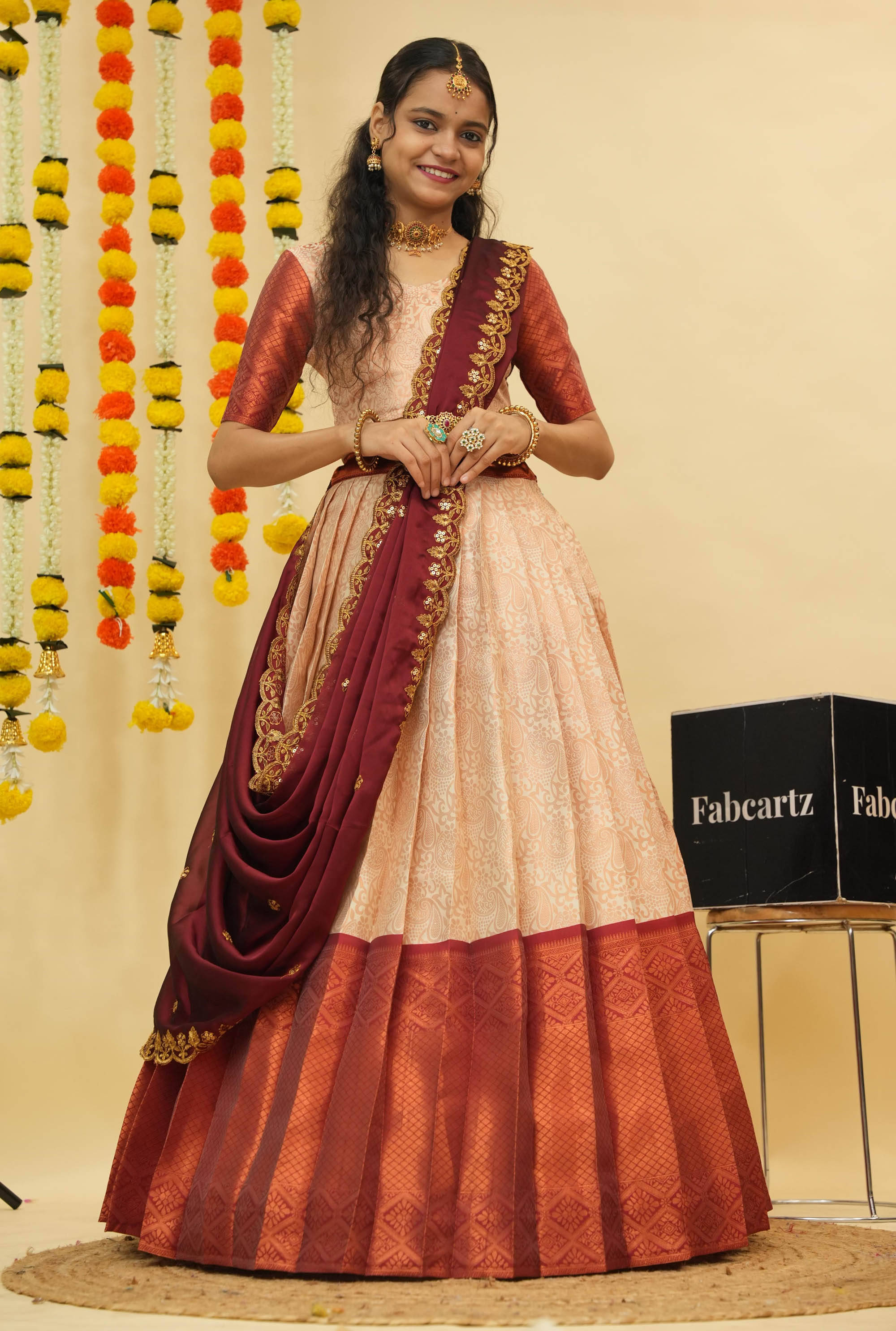 Fabcartz Women Jacquard Flared Unstitched Lehenga Choli ( Beige )     			Fabcartz Women Jacquard Flared Unstitched Lehenga Choli ( Beige )