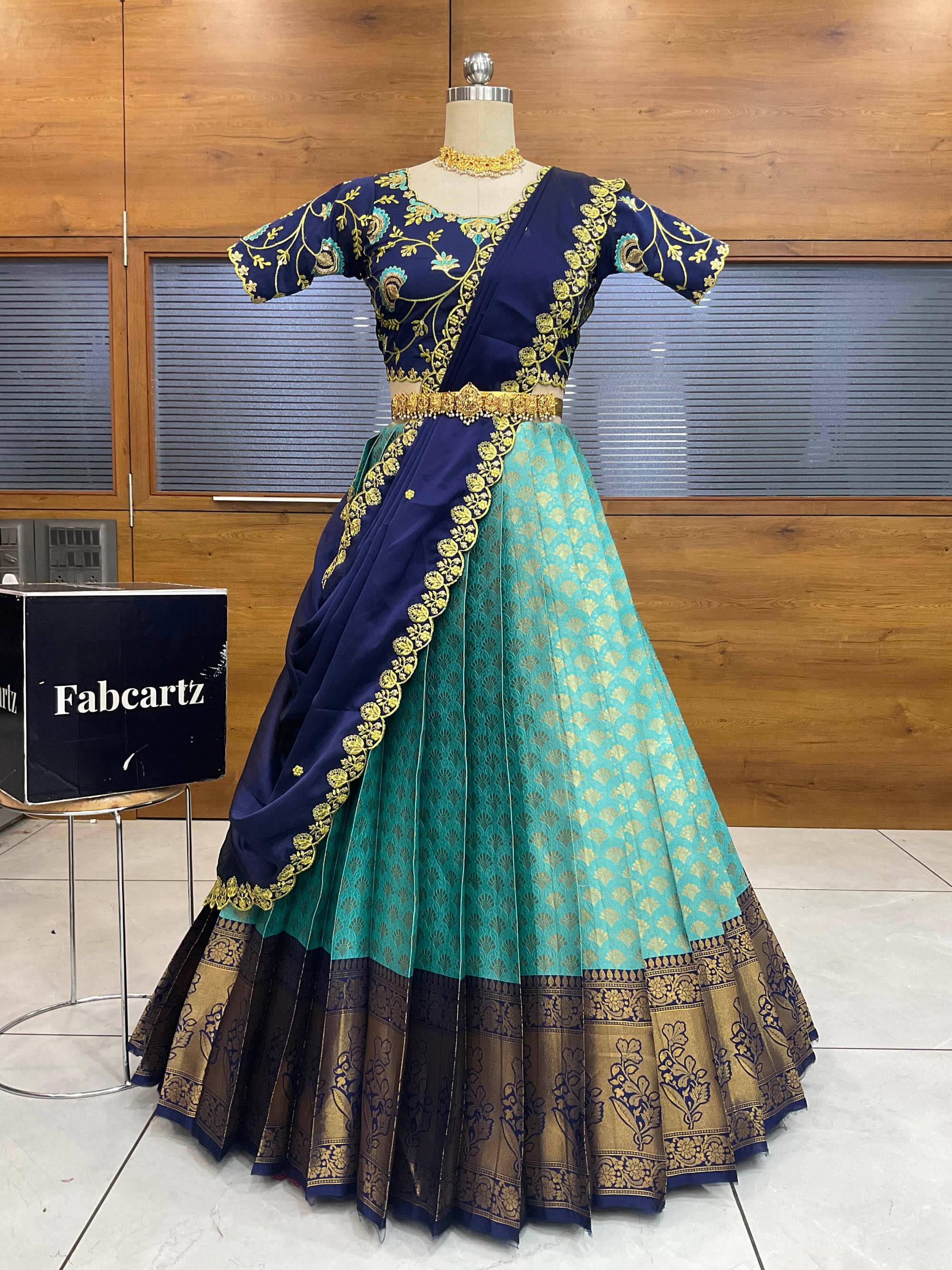 Fabcartz Women Jacquard Flared Unstitched Lehenga Choli ( Blue )     			Fabcartz Women Jacquard Flared Unstitched Lehenga Choli ( Blue )