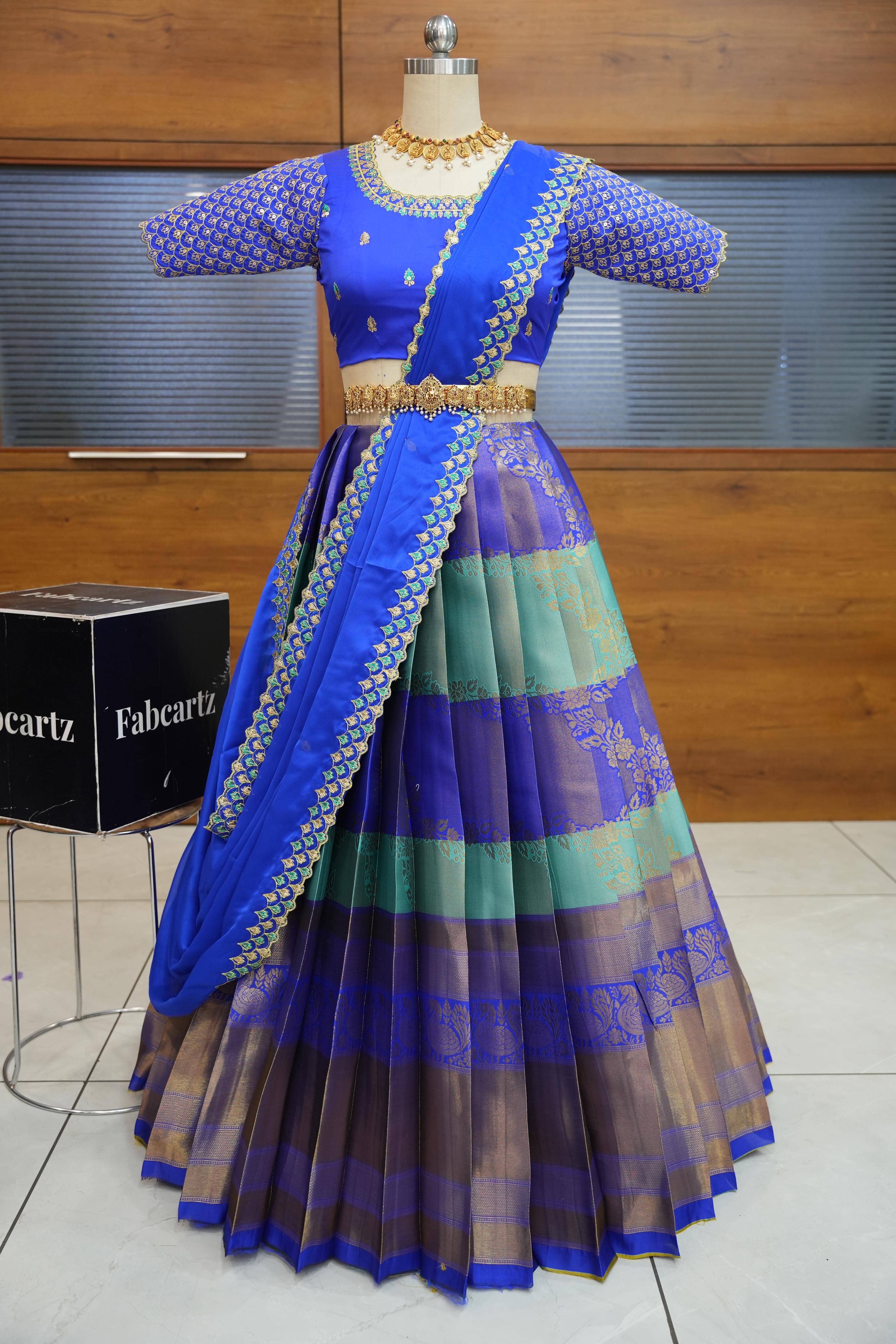     			Fabcartz Women Jacquard Flared Unstitched Lehenga Choli ( Blue )