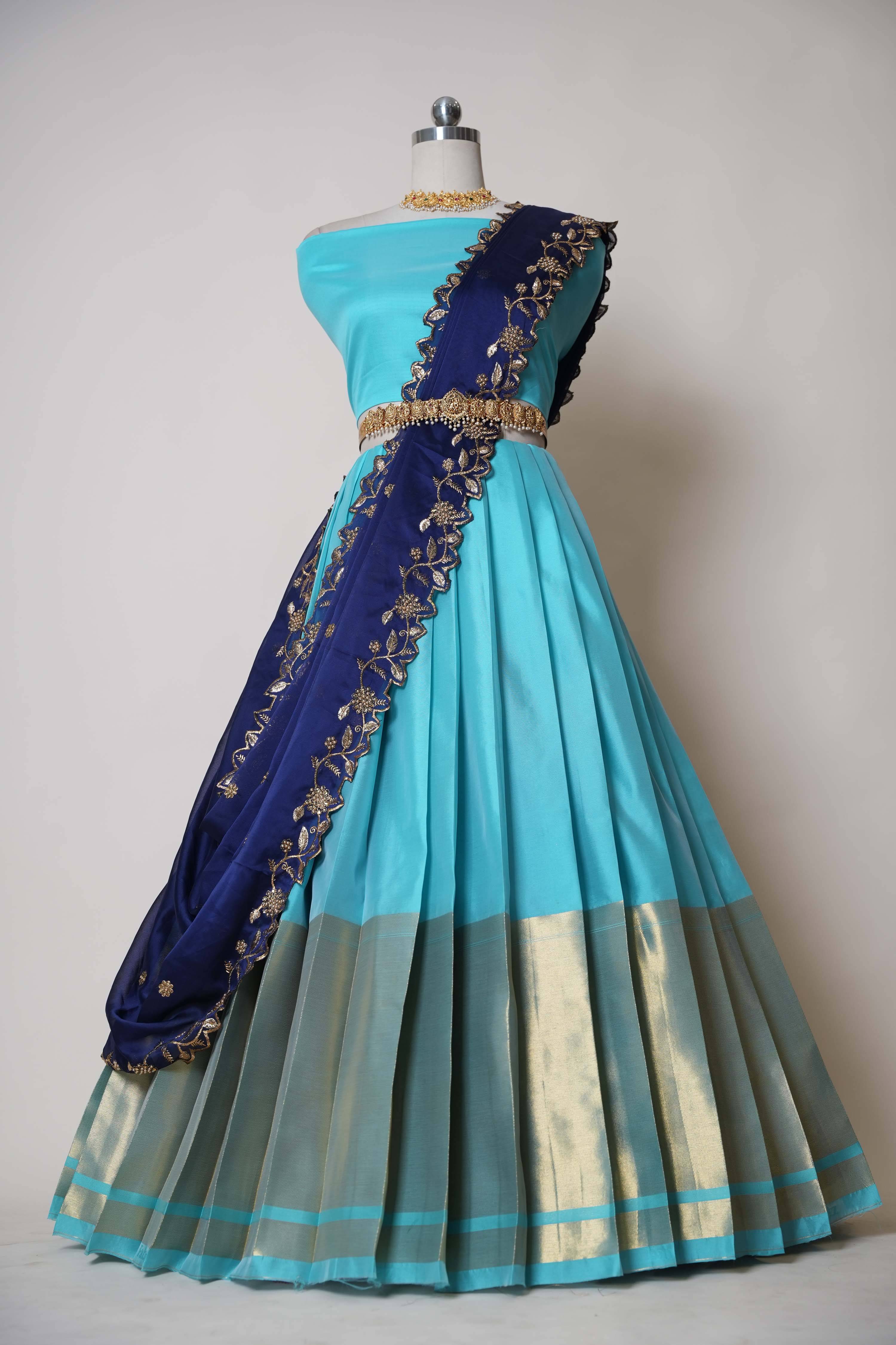    			Fabcartz Women Jacquard Flared Unstitched Lehenga Choli ( Blue )