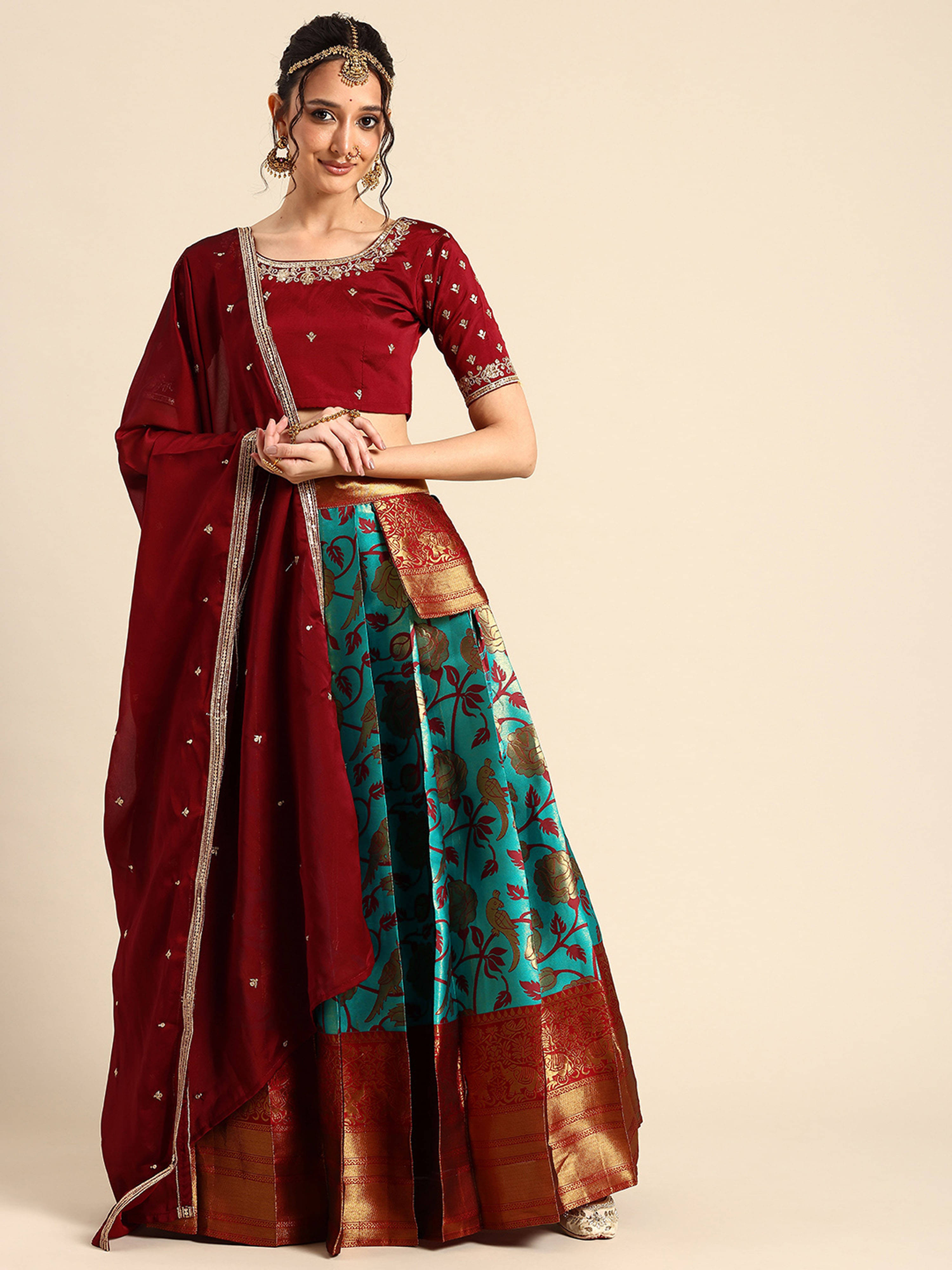Fabcartz Women Jacquard Flared Unstitched Lehenga Choli ( Green ) Fabcartz Women Jacquard Flared Unstitched Lehenga Choli ( Green )