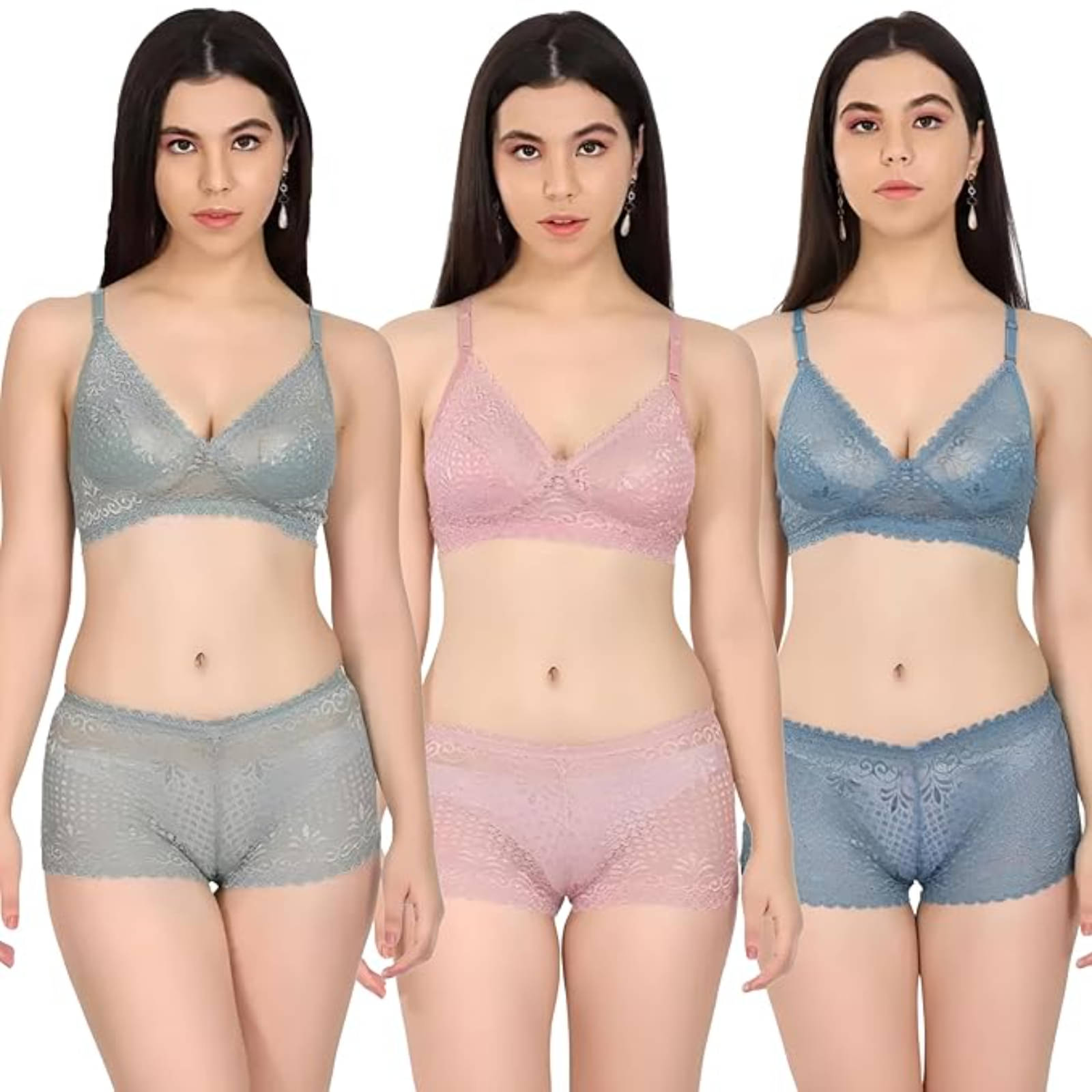 First Glance Pack of 3 Lace Bra & Panty Set For Women ( Multicolor )     			First Glance Pack of 3 Lace Bra & Panty Set For Women ( Multicolor )