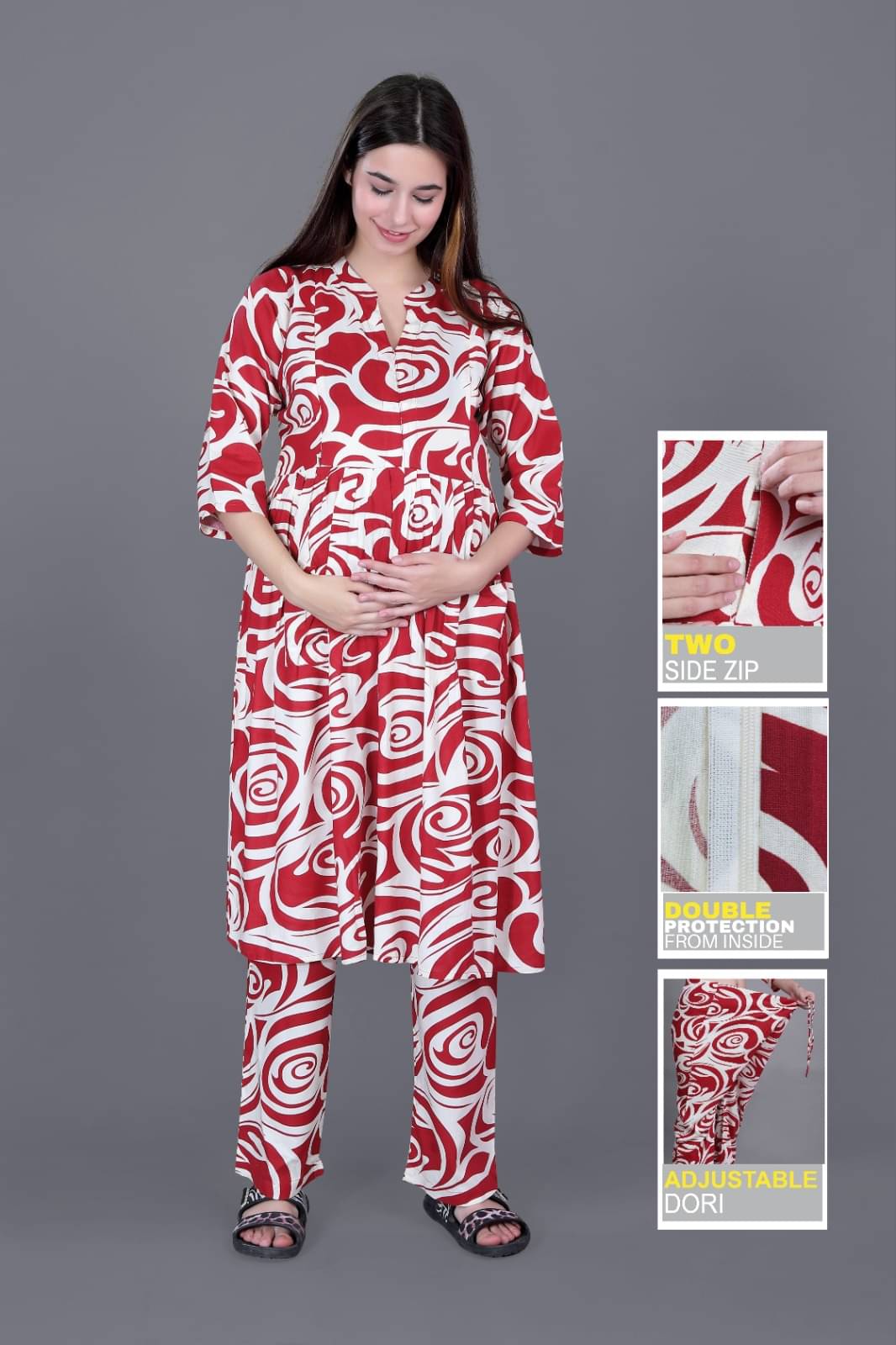 GENERIC SAURABH ENTERPRISES Rayon Printed Women Maternity Kurti with Pyjama ( Maroon ) GENERIC SAURABH ENTERPRISES Rayon Printed Women Maternity Kurti with Pyjama ( Maroon )