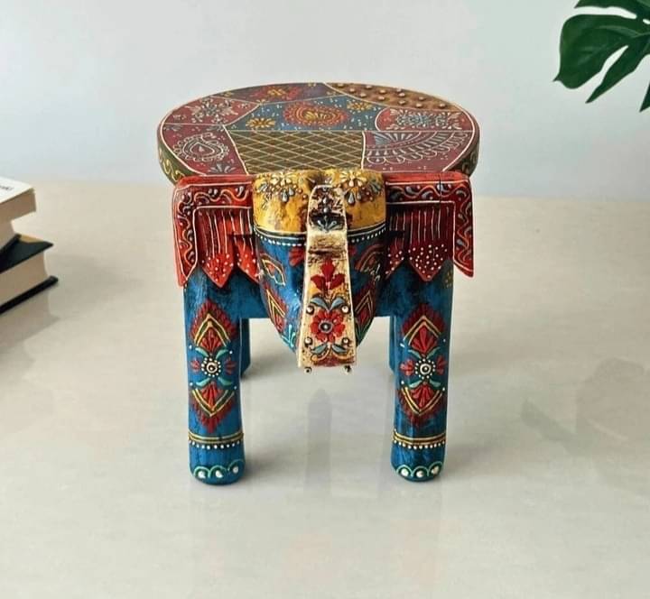     			Handcrafted Rajasthani Elephant Design Wooden Stool / Side Table