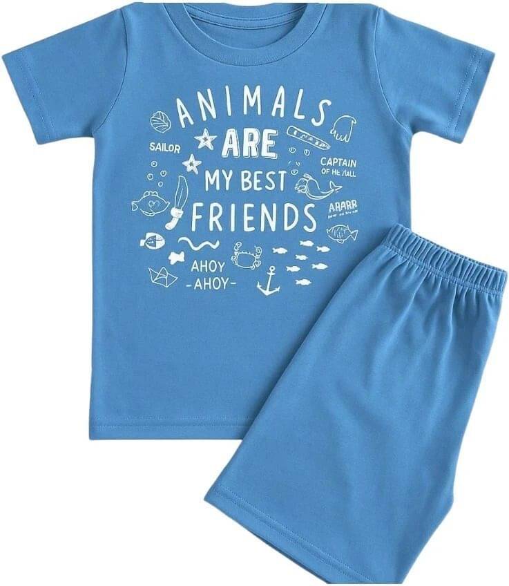     			HuggleBug Pack of 1 Boys Cotton T-Shirt & Shorts Set ( Light Blue )