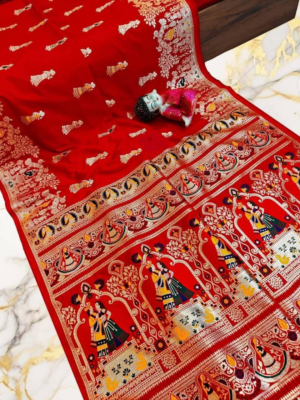 Indesa Art Silk Solid Baluchari Saree With Unstitched Blouse Piece ( Red ) Indesa Art Silk Solid Baluchari Saree With Unstitched Blouse Piece ( Red )