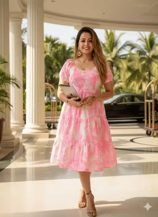 Jyoti Traders Women Cotton Blend Printed Fit & Flare Dress ( Pink ) Jyoti Traders Women Cotton Blend Printed Fit & Flare Dress ( Pink )
