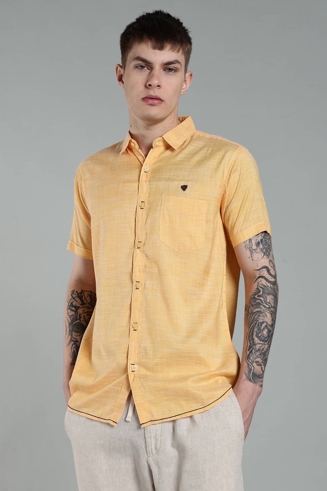 Kuons Avenue Cotton Blend Regular Fit Solids Half Sleeves Men's Casual Shirt - Orange ( Pack of 1 ) Kuons Avenue Cotton Blend Regular Fit Solids Half Sleeves Men's Casual Shirt - Orange ( Pack of 1 )