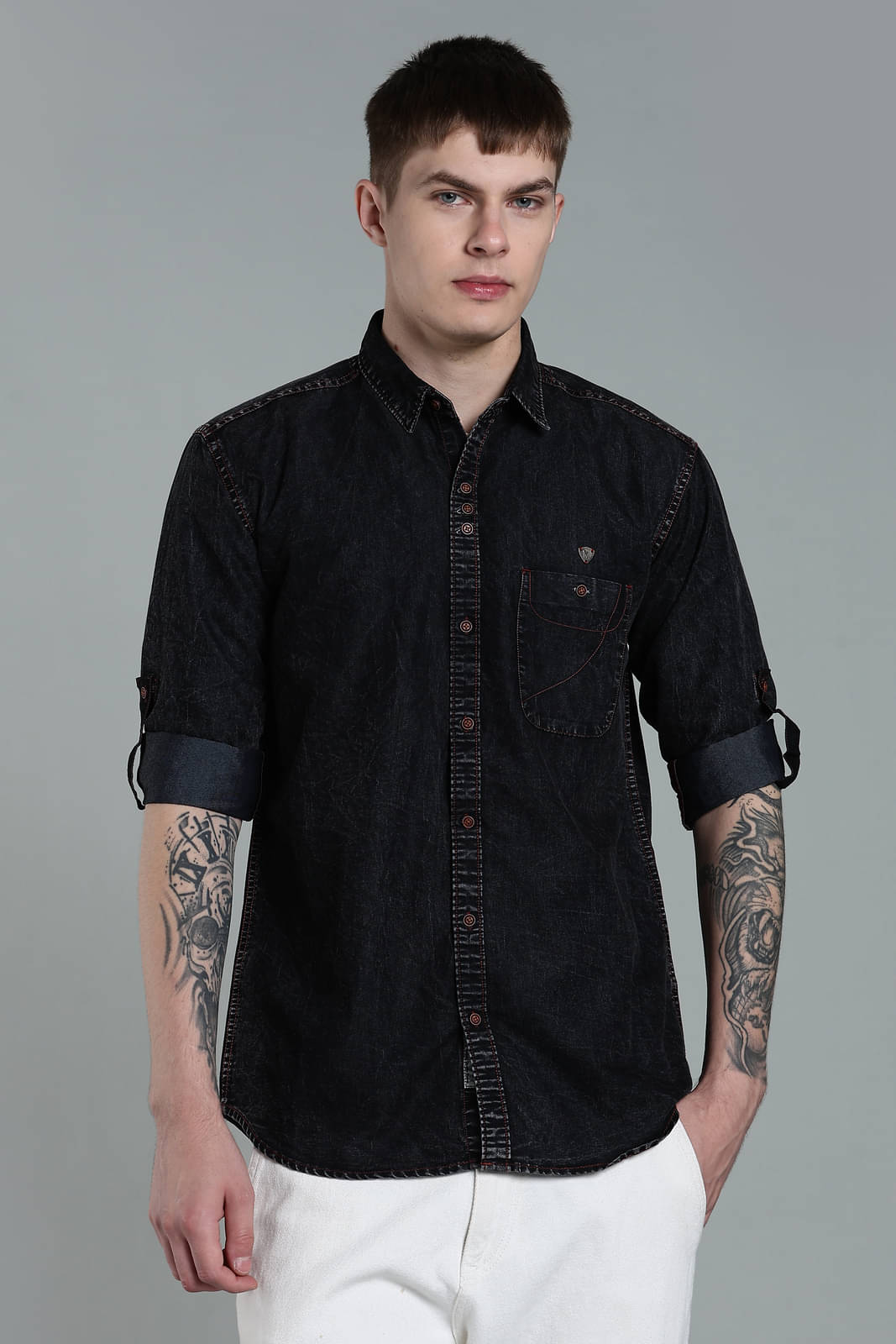 Kuons Avenue Denim Regular Fit Solids Full Sleeves Men's Casual Shirt - Black ( Pack of 1 )     			Kuons Avenue Denim Regular Fit Solids Full Sleeves Men's Casual Shirt - Black ( Pack of 1 )