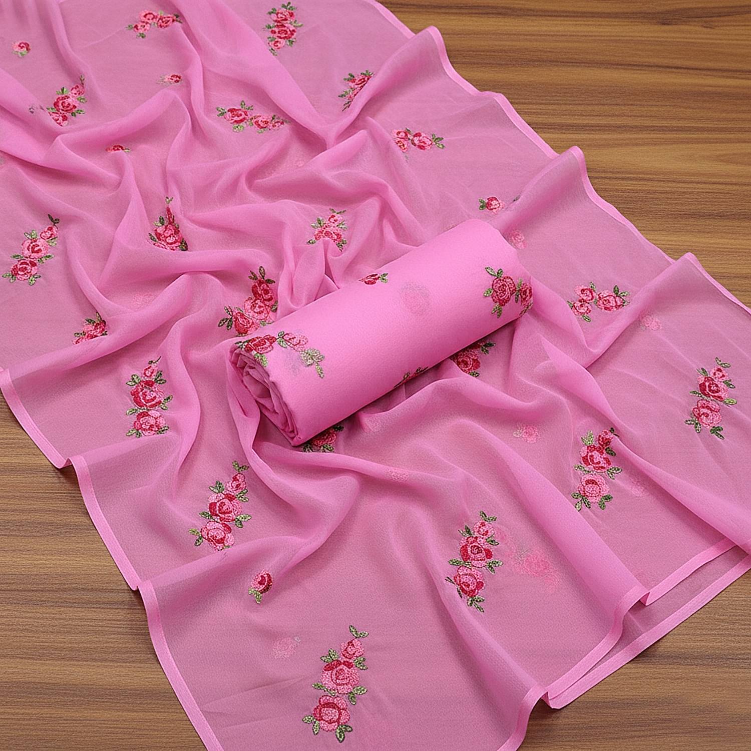 Lady Shopi Georgette Embroidered Regular Saree With Unstitched Blouse Piece ( Pink ) Lady Shopi Georgette Embroidered Regular Saree With Unstitched Blouse Piece ( Pink )