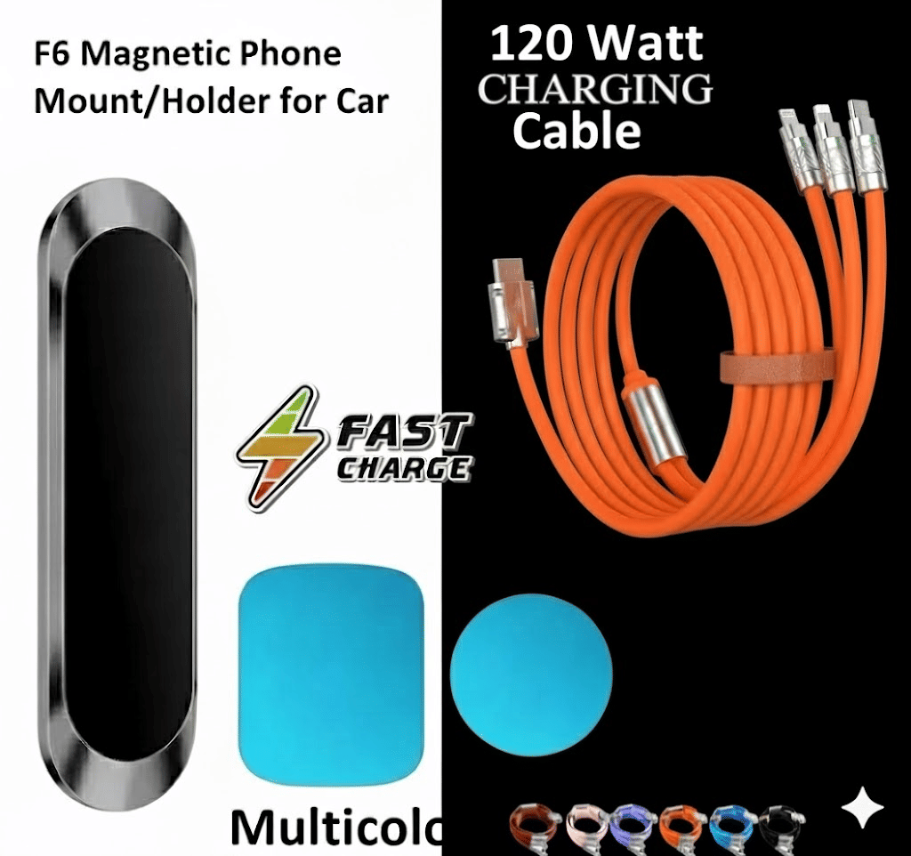    			Magnetic Car Phone Holder with 120W Fast Charging 3-in-1 Cable | Strong Magnet Mount for All Smartphones | Universal Multicolor USB Cable Combo for Car & Home Charging