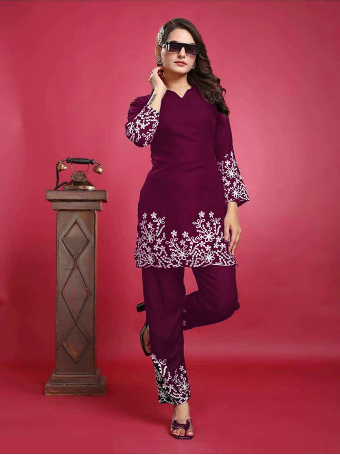 Nirja Creation Women Embroidered Tunic With Trousers Co-Ord Set ( Wine ) Nirja Creation Women Embroidered Tunic With Trousers Co-Ord Set ( Wine )