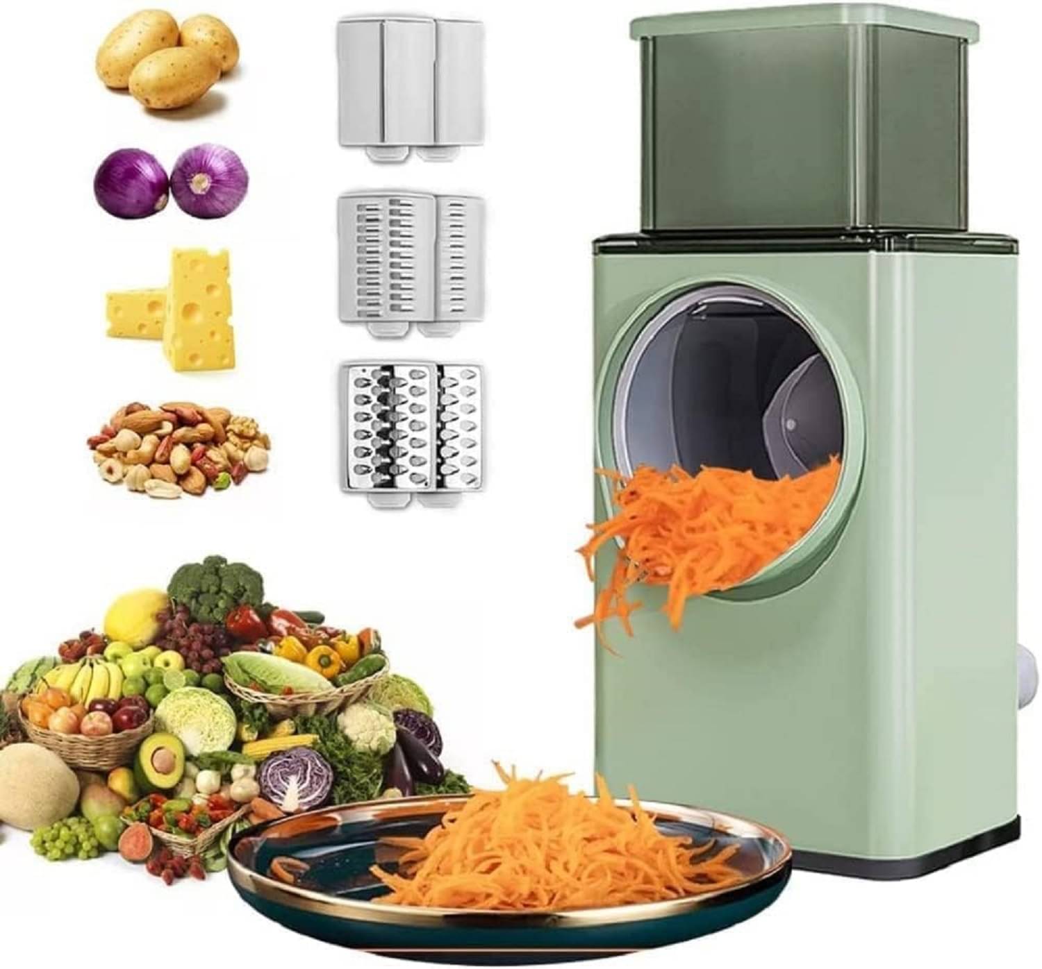     			Round Mandoline Slicer 4-in-1 – Vegetable Cutter, Cheese Grater, Vegetable Shredder & Chopper – Manual Rotary Slicer – Multi-Function Green Chopper for Fast Slicing, Shredding, Grating – Kitchen Tool for Home Use & Cooking Prep