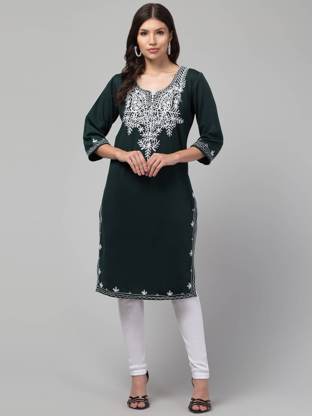     			Trend Level Women Woollen Embroidered Straight Kurti ( Dark Green )