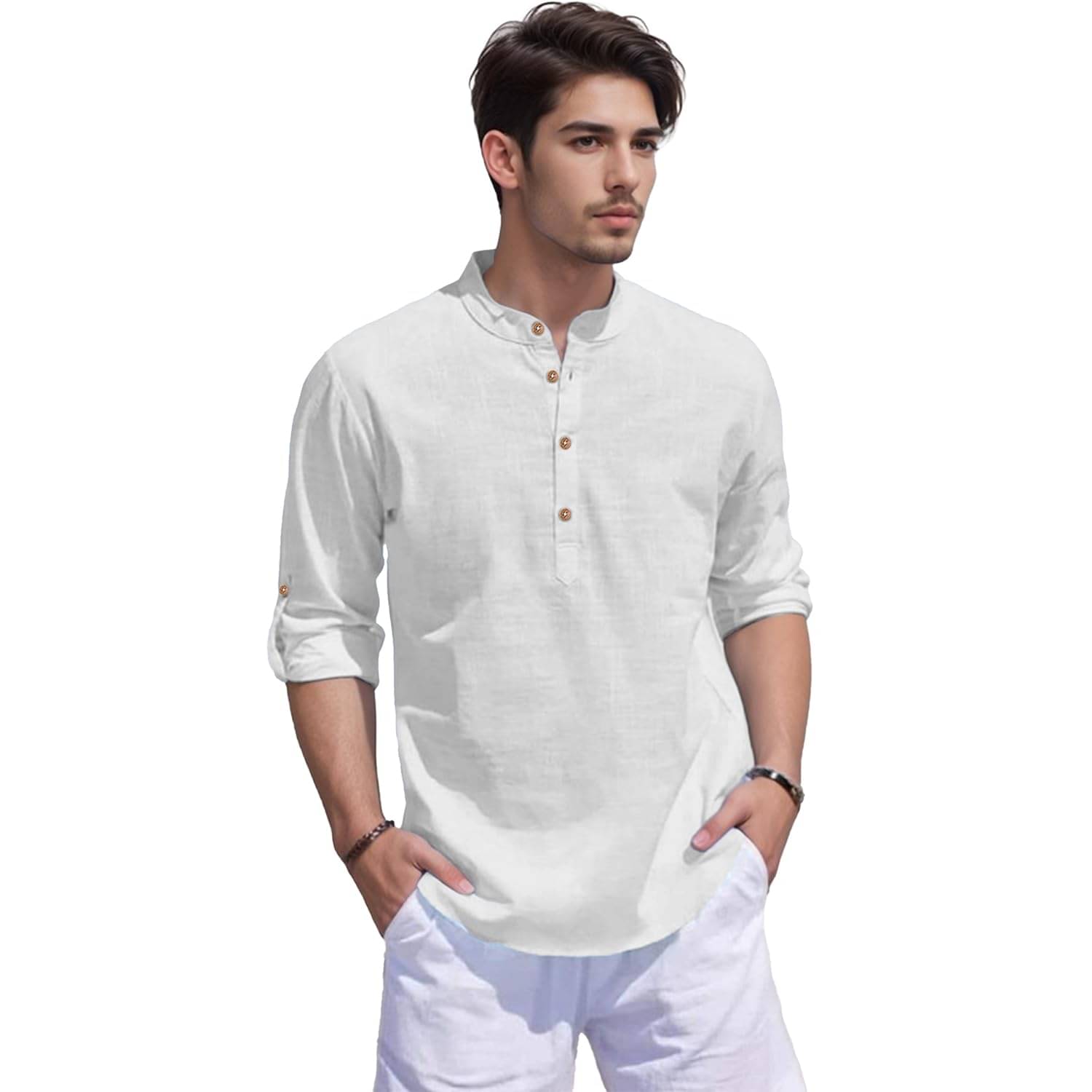 Vashuqi White Cotton Blend Men's Shirt Style Kurta ( Pack of 1 )     			Vashuqi White Cotton Blend Men's Shirt Style Kurta ( Pack of 1 )