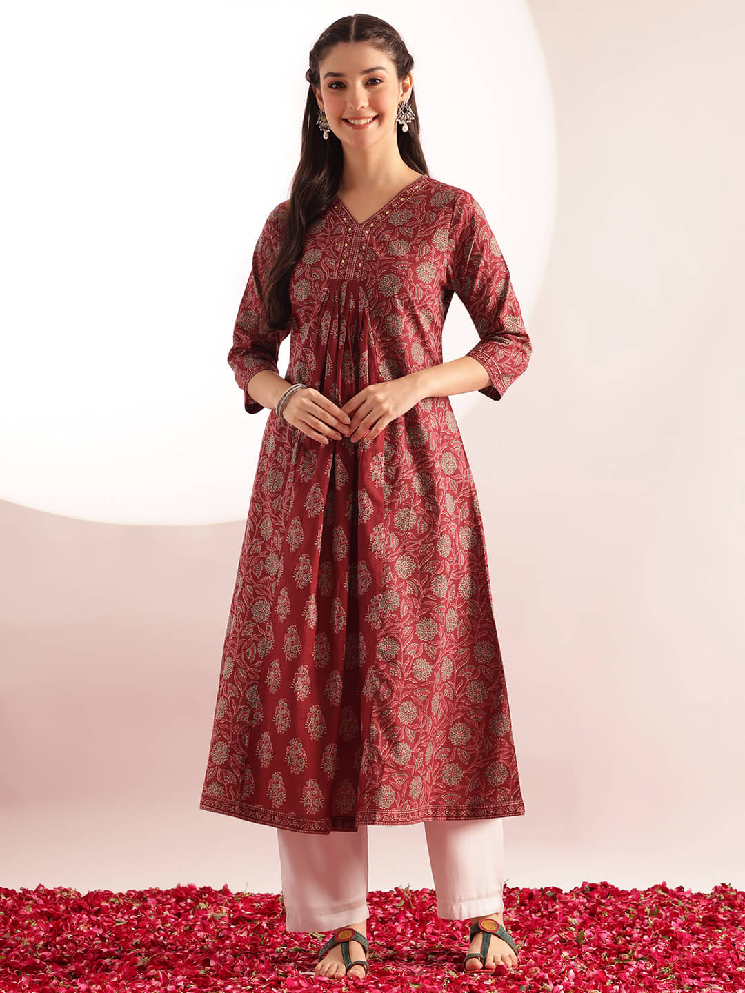     			Vbuyz Women Cotton Embellished A-line Kurti ( Maroon )