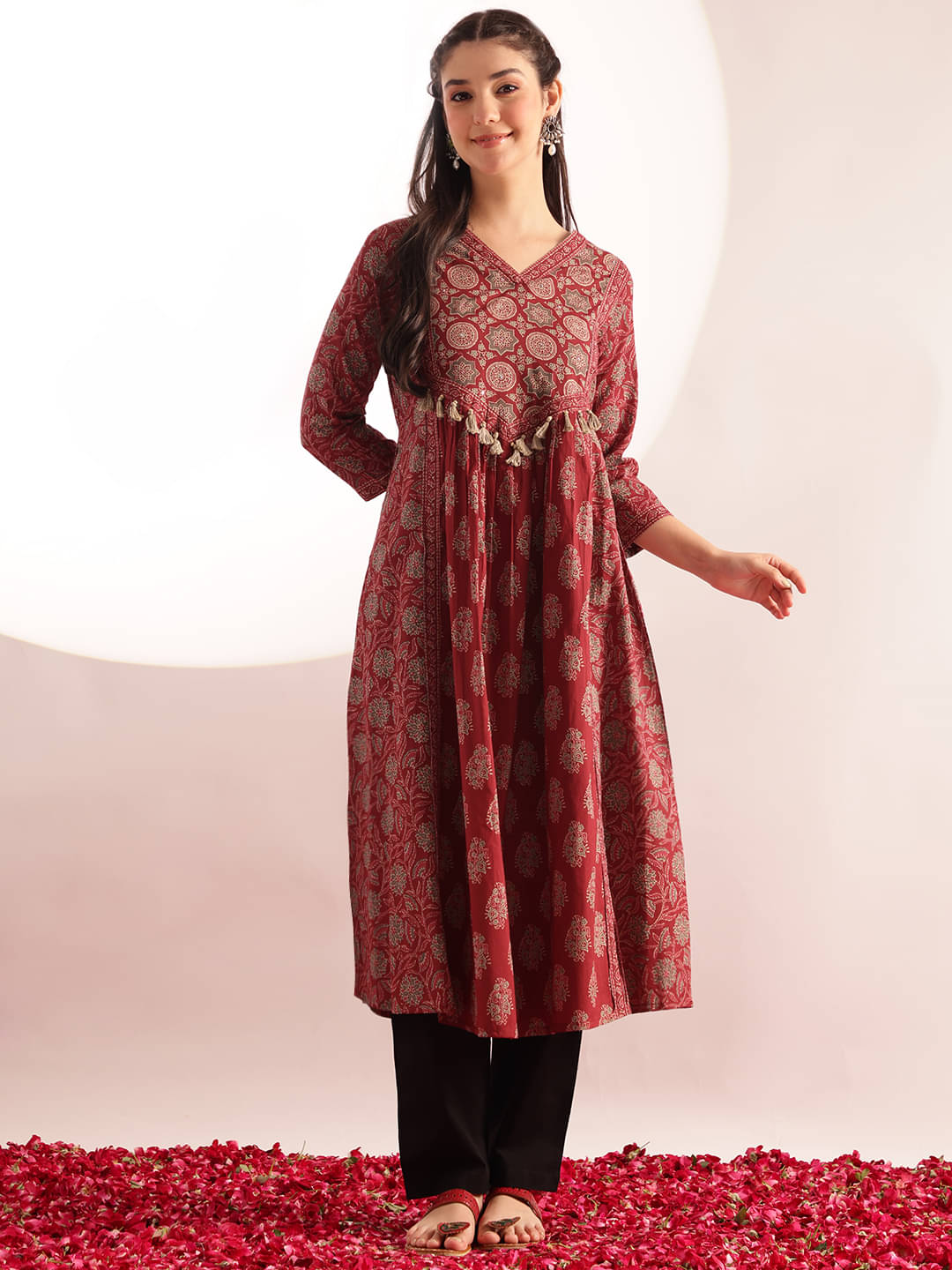 Vbuyz Women Cotton Embellished Flared Kurti ( Maroon ) Vbuyz Women Cotton Embellished Flared Kurti ( Maroon )