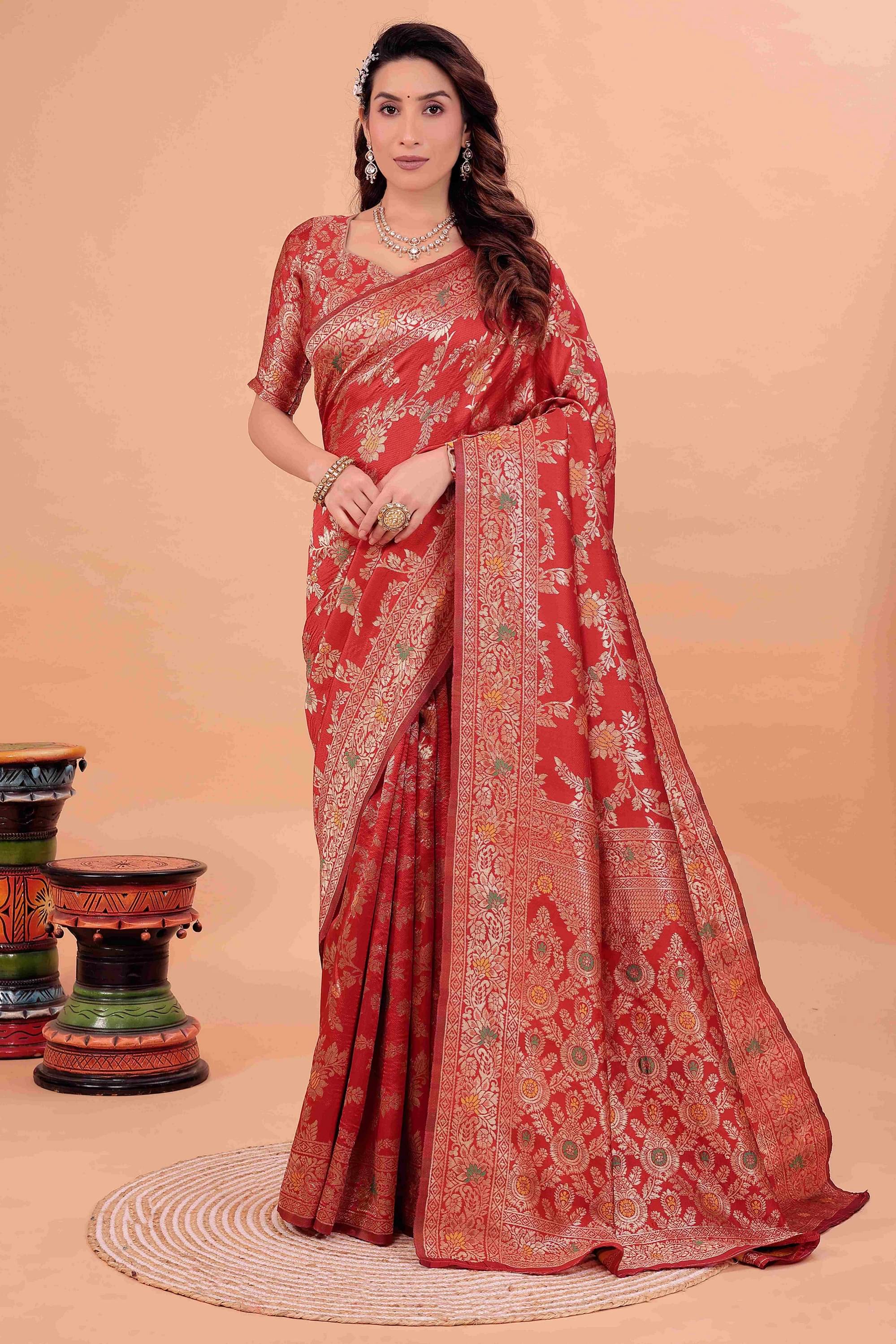     			YUGAVEERAA Art Silk Self Design Regular Saree With Unstitched Blouse Piece ( Red )