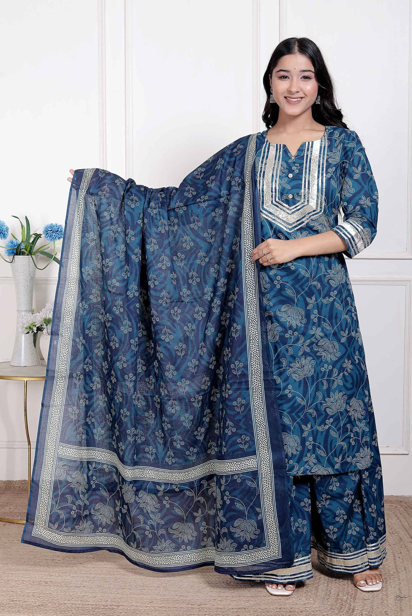 miravan Women Cotton Printed Straight Kurti With Palazzo ( Blue )