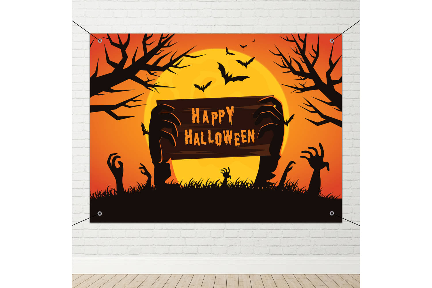     			1iAM Halloween Decoration Flex 4x3ft | Pack of 4 - Orange Happy Halloween Printed Flex Backdrop, Gummy Hooks & Ring Ribbon For Wall Decor, Photoshoot Background | Perfect For Diwali, Bhoot Chaturdashi