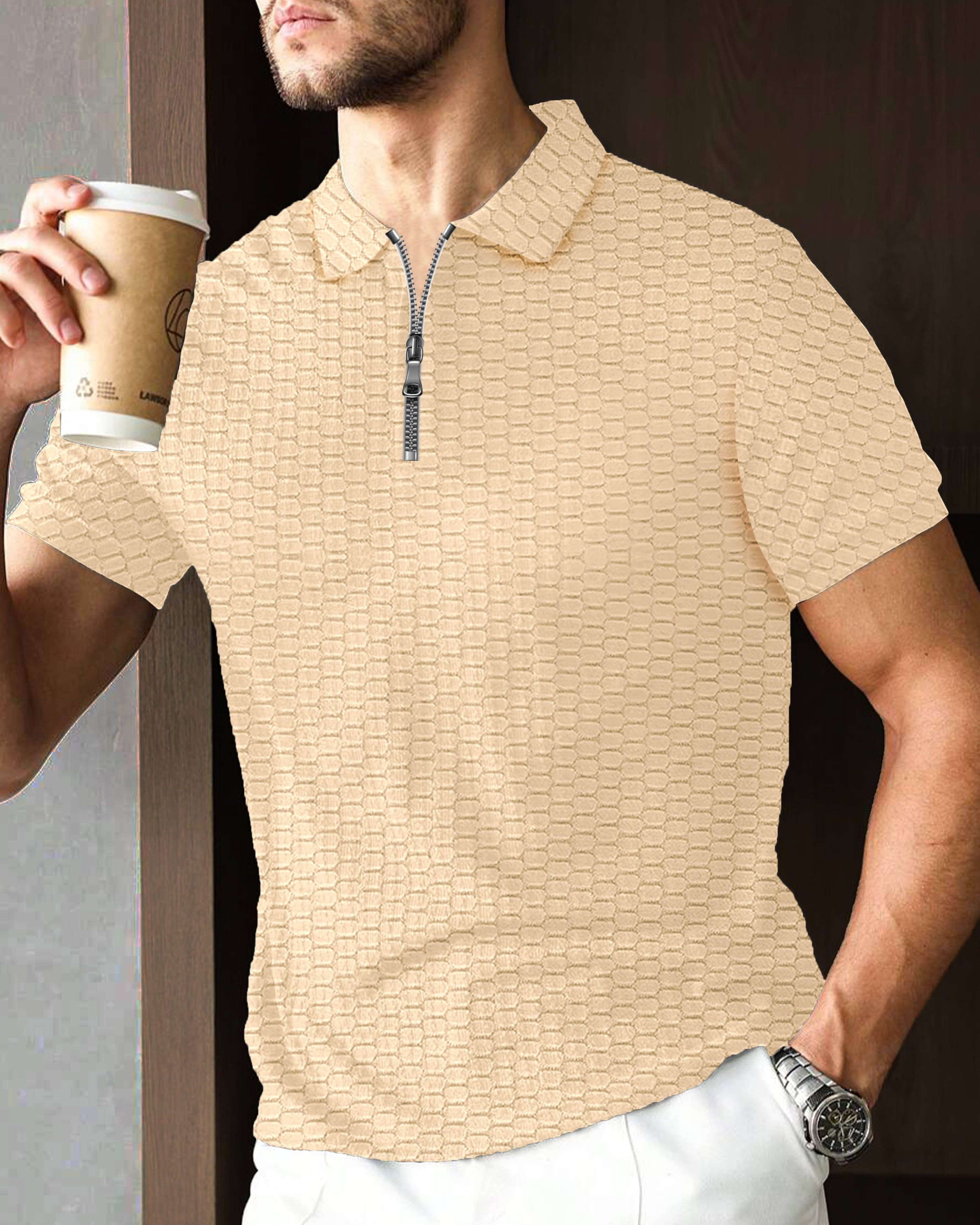 AUSK Men Cotton Blend Regular Fit Self Design Polo T Shirt ( Beige ) AUSK Men Cotton Blend Regular Fit Self Design Polo T Shirt ( Beige )