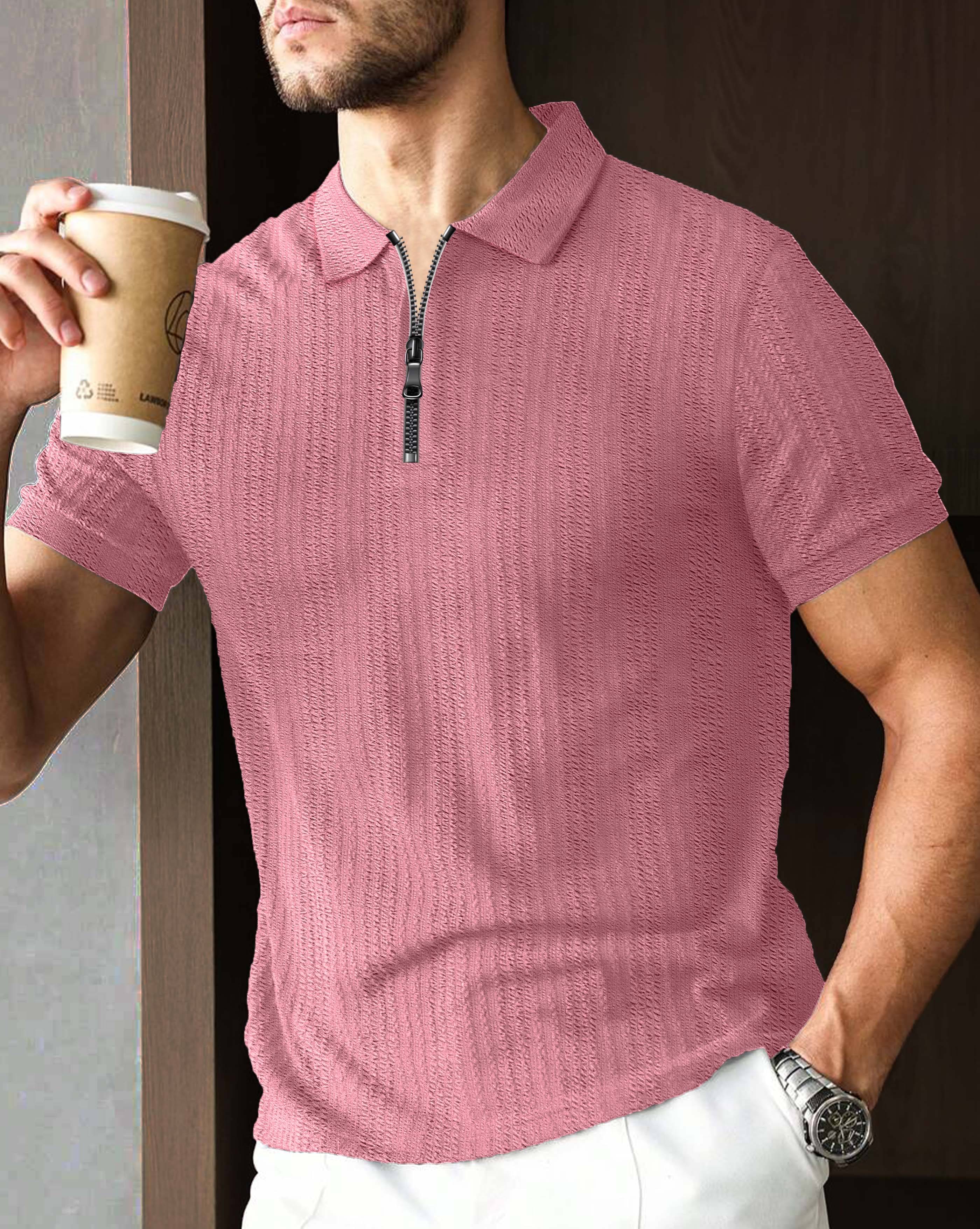 AUSK Men Cotton Blend Regular Fit Self Design Polo T Shirt ( Peach ) AUSK Men Cotton Blend Regular Fit Self Design Polo T Shirt ( Peach )
