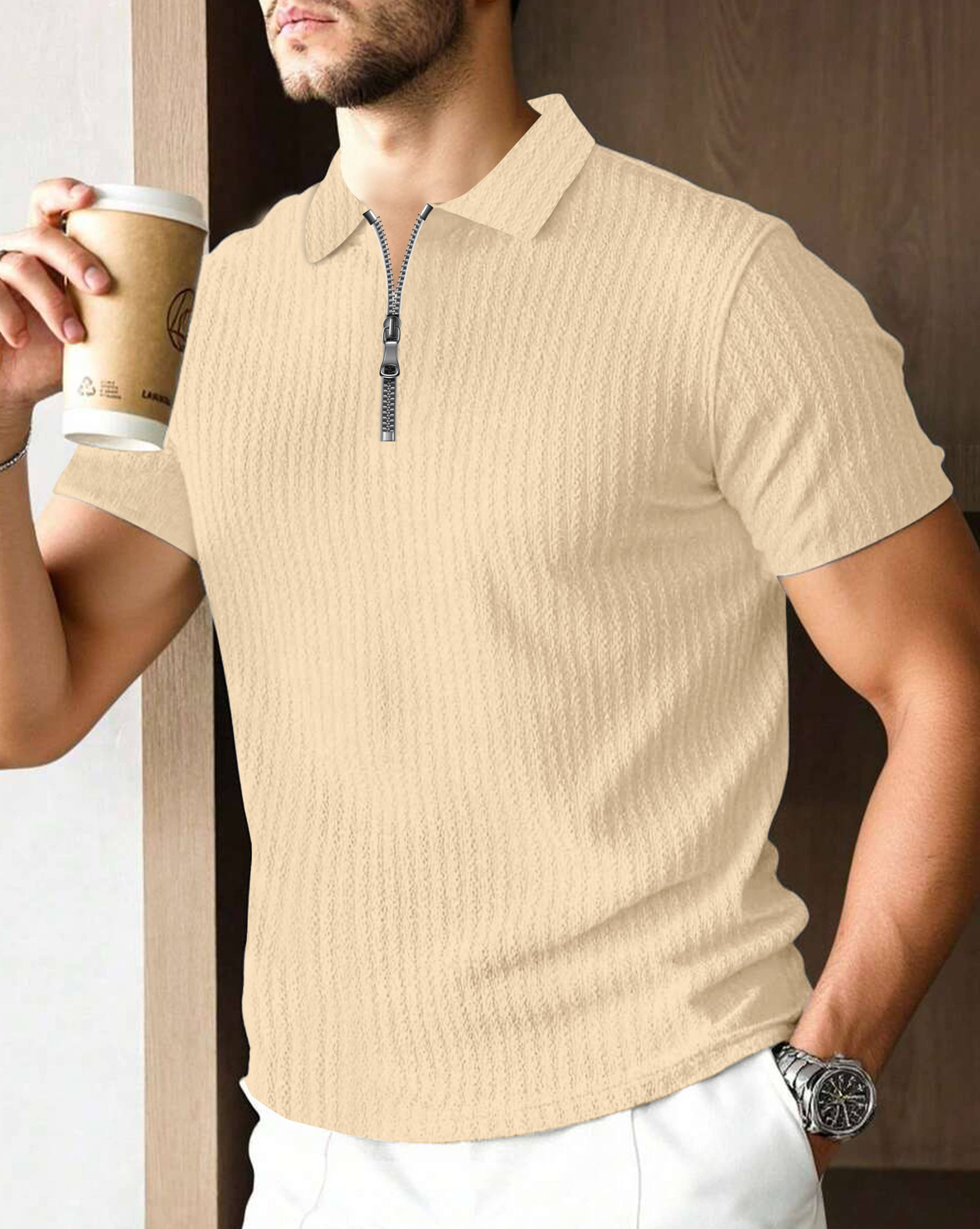 AUSK Men Cotton Blend Regular Fit Self Design Polo T Shirt ( Beige ) AUSK Men Cotton Blend Regular Fit Self Design Polo T Shirt ( Beige )