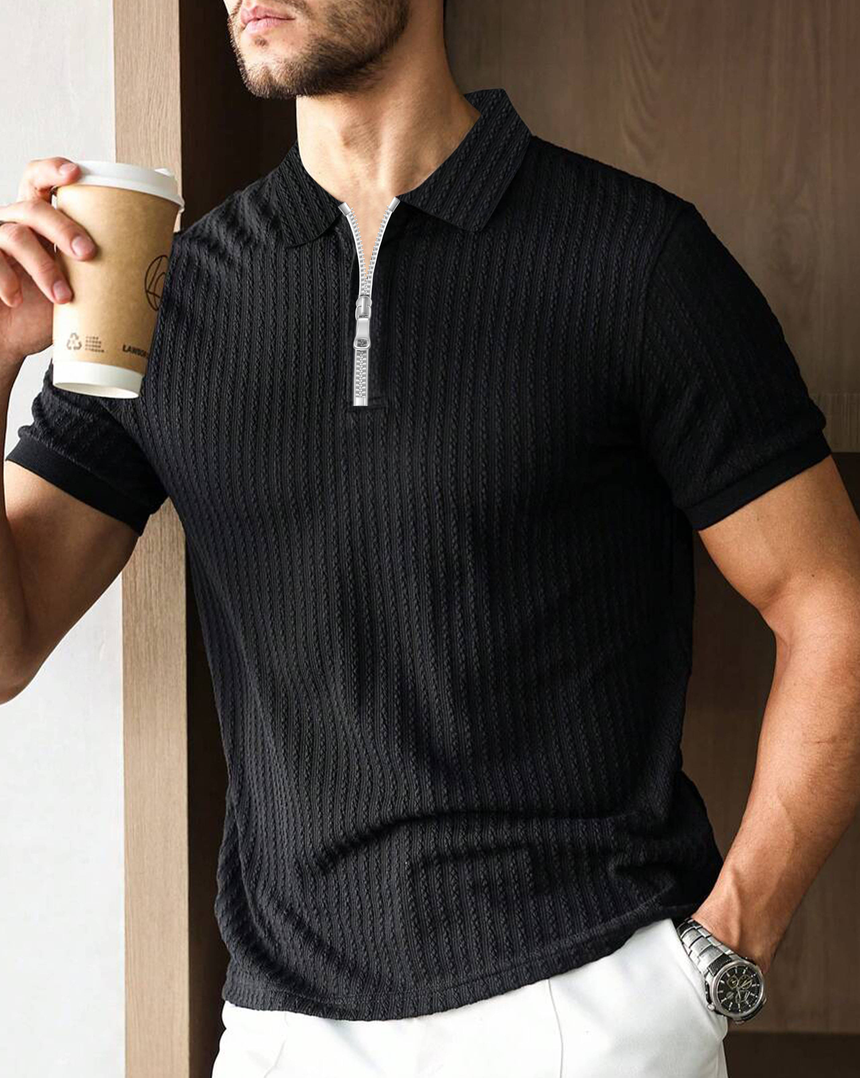 AUSK Men Cotton Blend Regular Fit Self Design Polo T Shirt ( Black ) AUSK Men Cotton Blend Regular Fit Self Design Polo T Shirt ( Black )