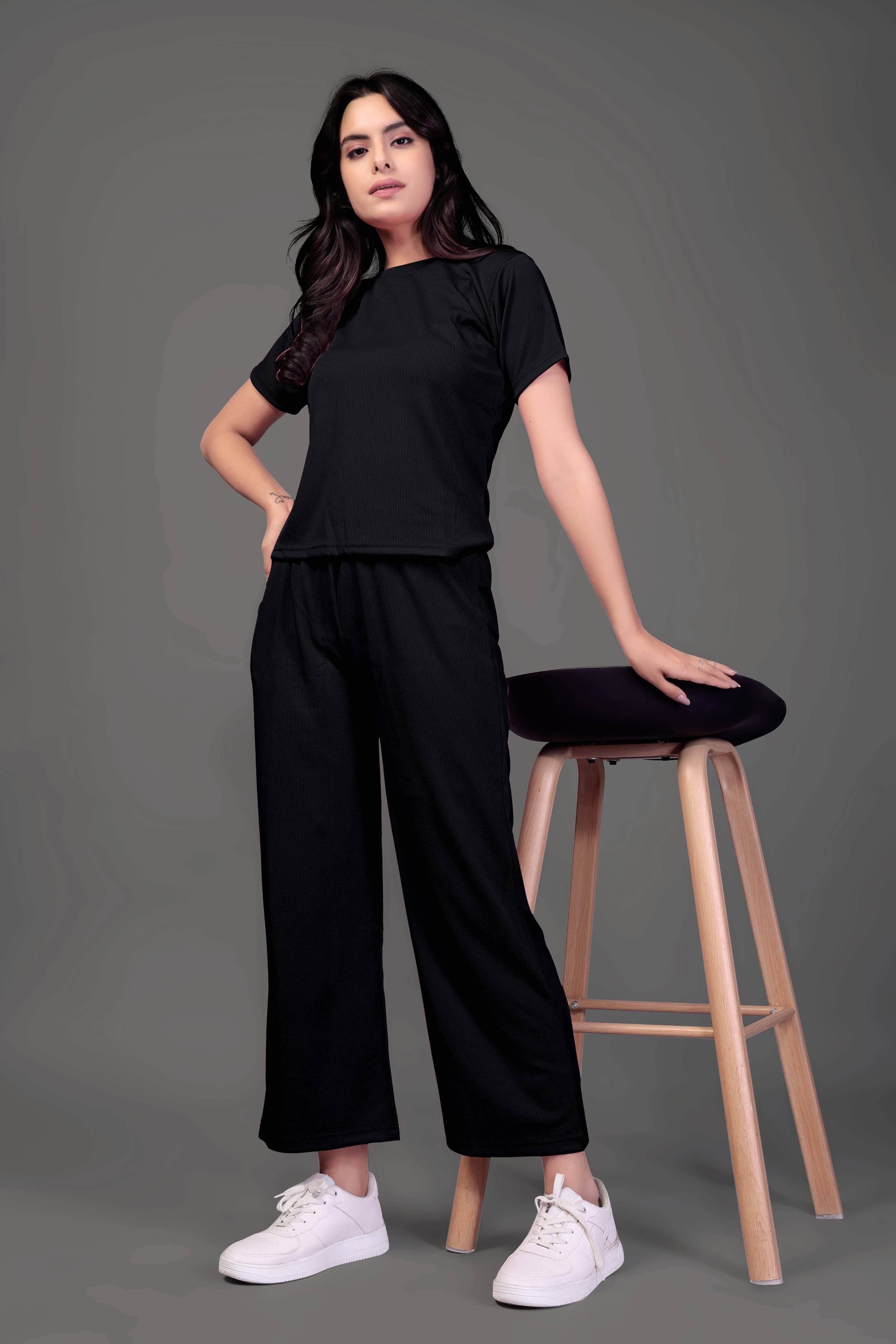     			BRIXXOS Women Solid T-Shirt With Trousers Co-Ord Set ( Black )