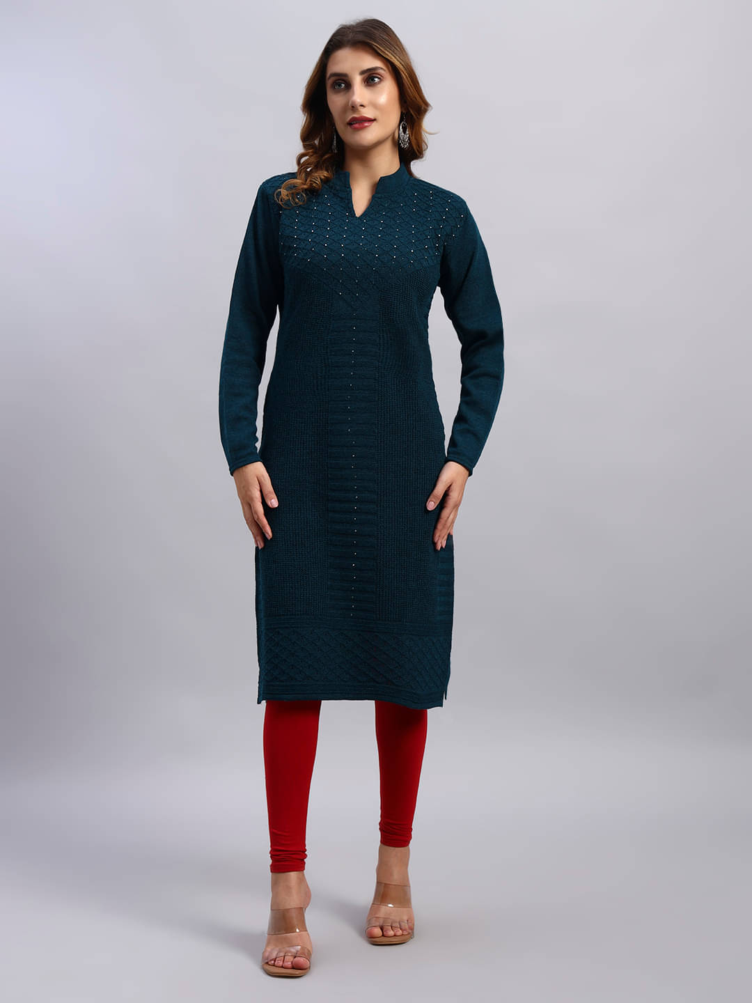 DRESSBASE Women Woollen Self Design Straight Kurti ( Blue ) DRESSBASE Women Woollen Self Design Straight Kurti ( Blue )