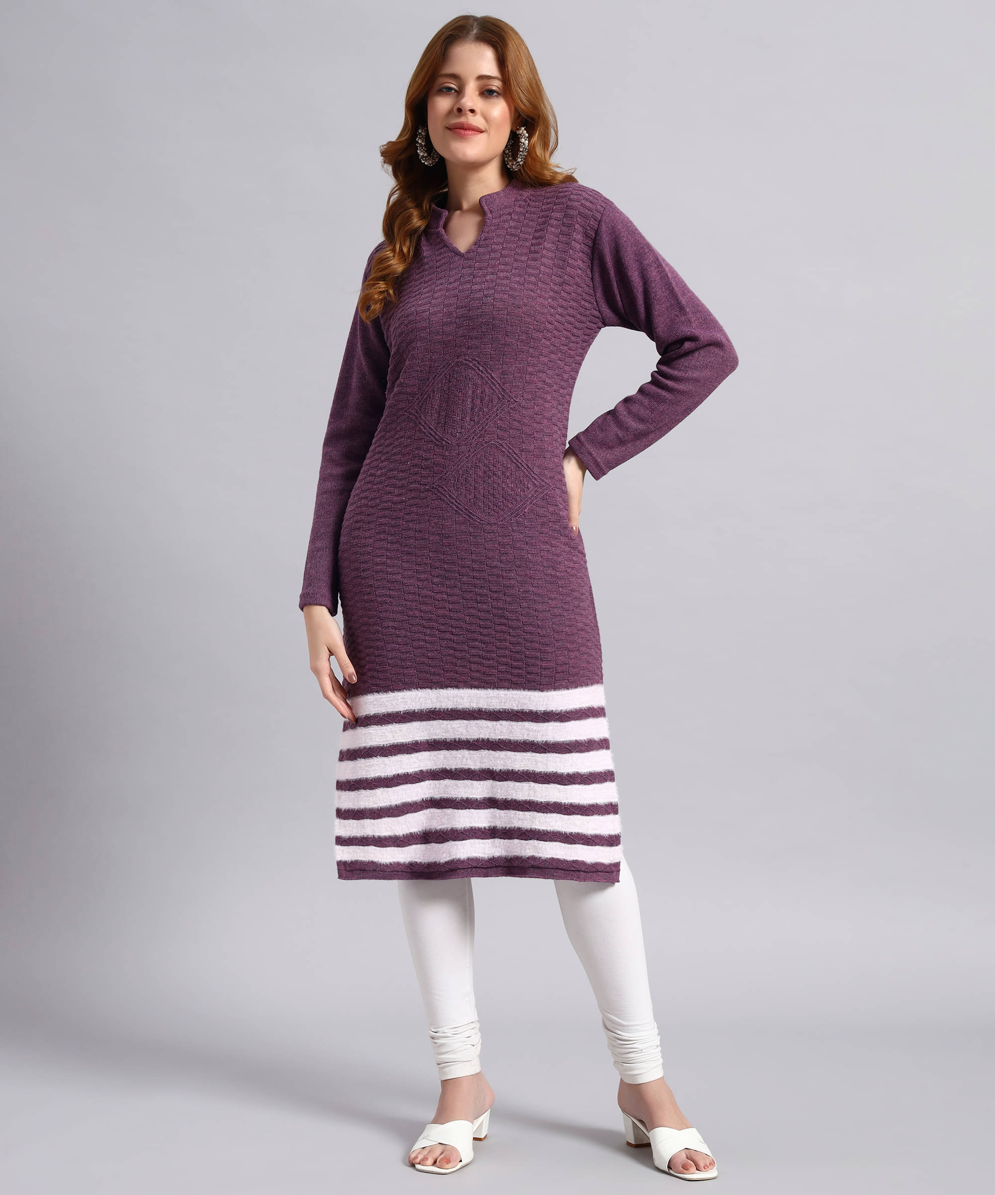 DRESSBASE Women Woollen Self Design Straight Kurti ( Lavender ) DRESSBASE Women Woollen Self Design Straight Kurti ( Lavender )