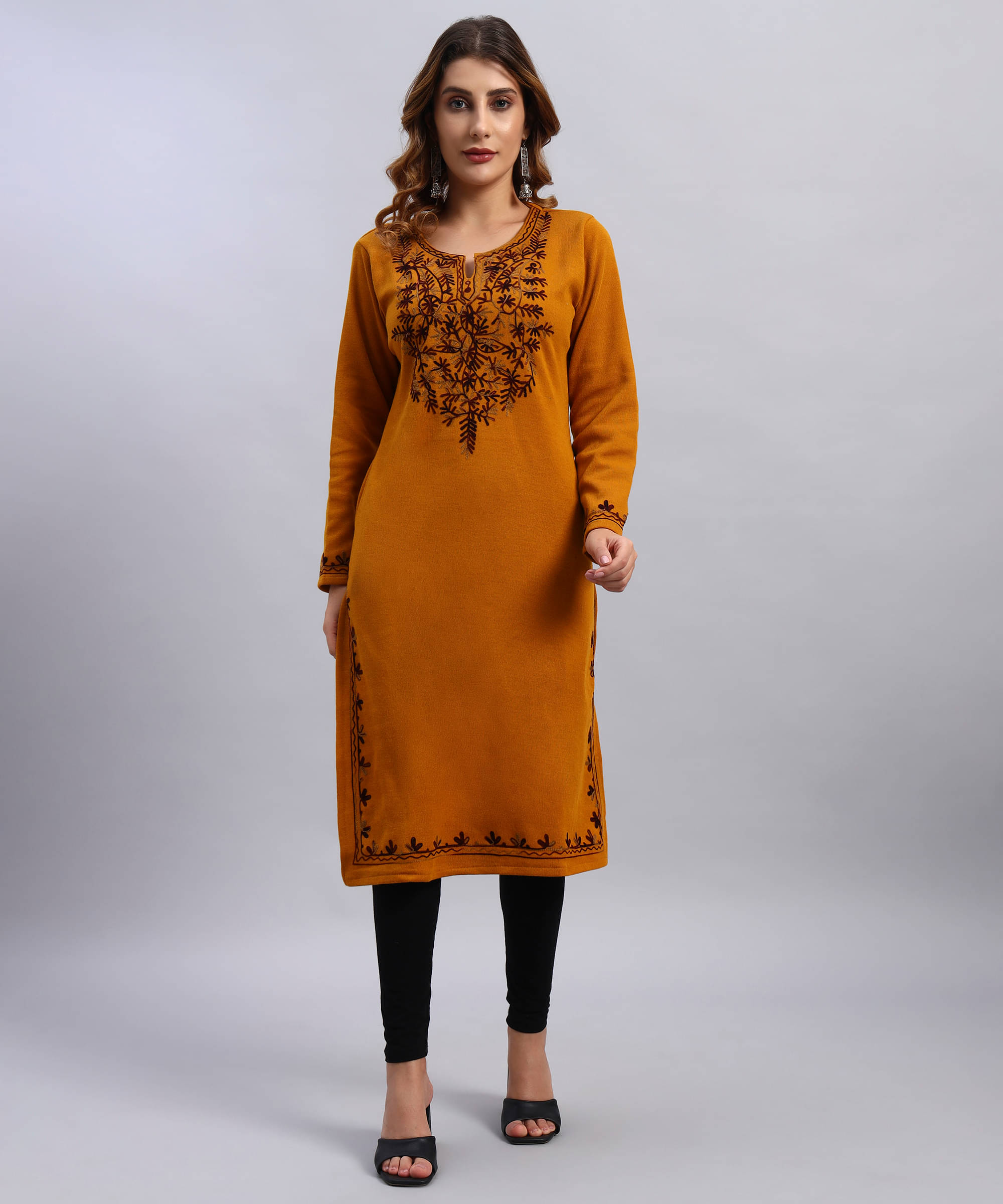 DRESSBASE Women Woollen Self Design Straight Kurti ( Mustard ) DRESSBASE Women Woollen Self Design Straight Kurti ( Mustard )