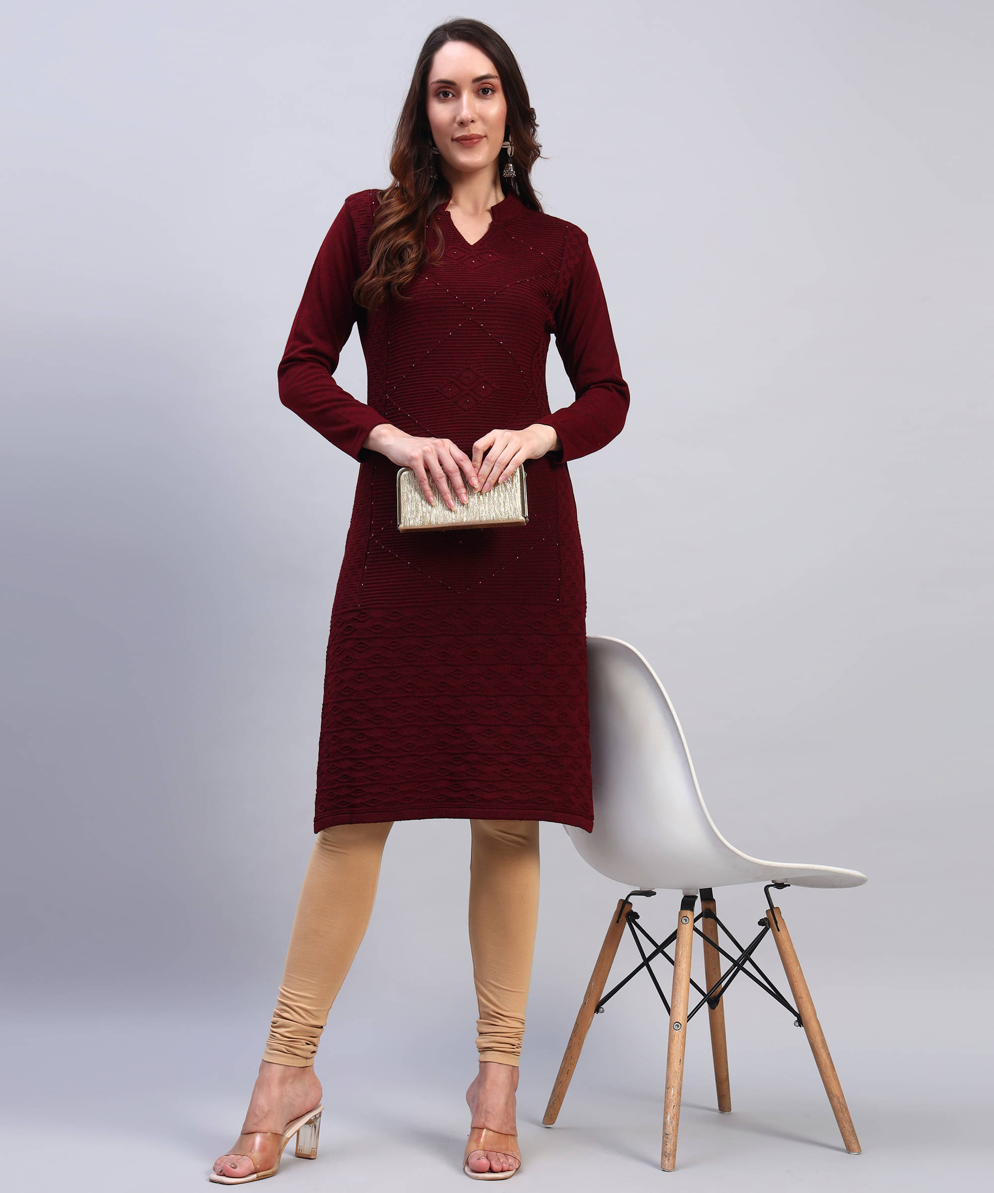 DRESSBASE Women Woollen Self Design Straight Kurti ( Maroon )     			DRESSBASE Women Woollen Self Design Straight Kurti ( Maroon )