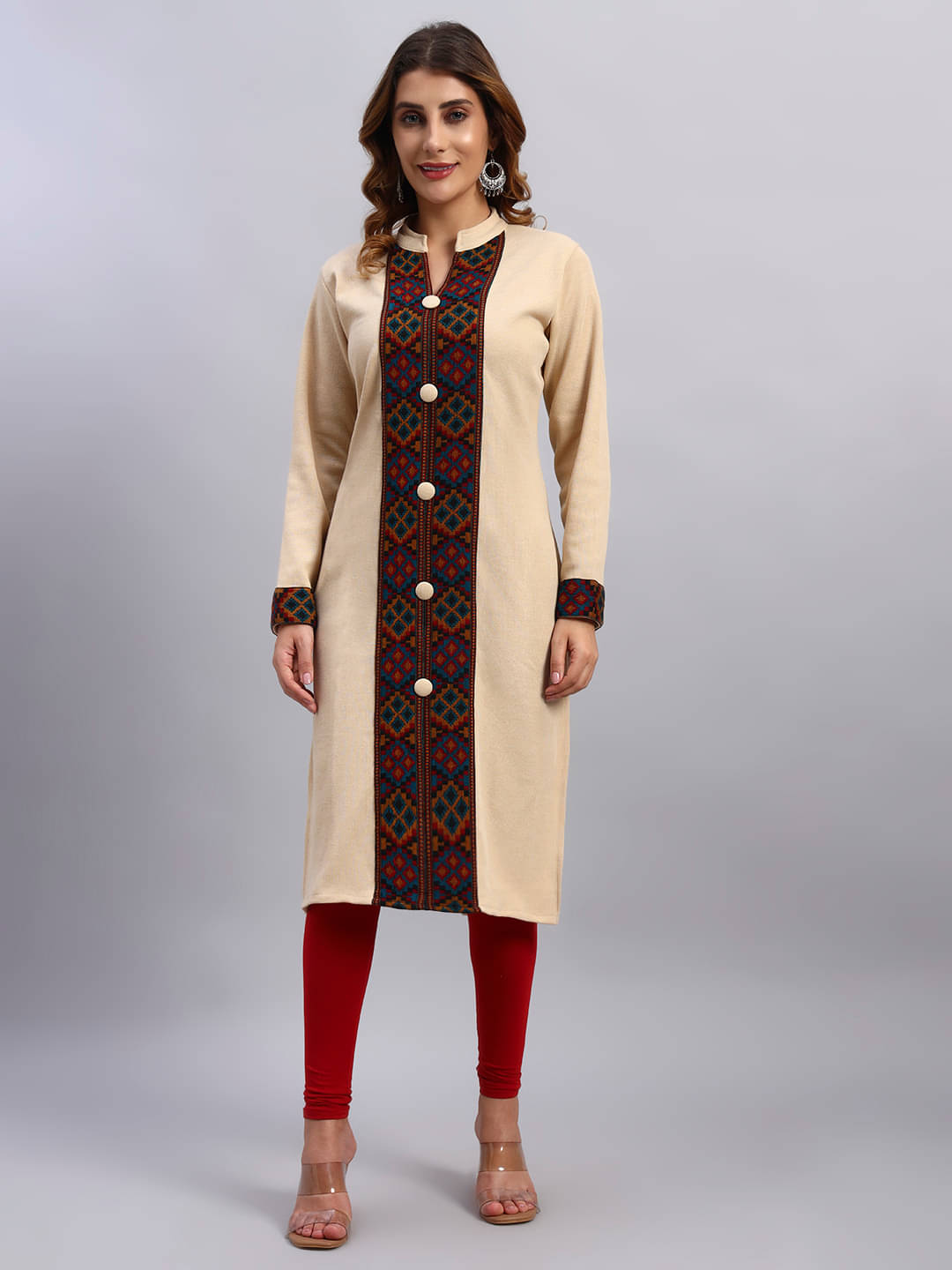     			DRESSBASE Women Woollen Self Design Straight Kurti ( Cream )