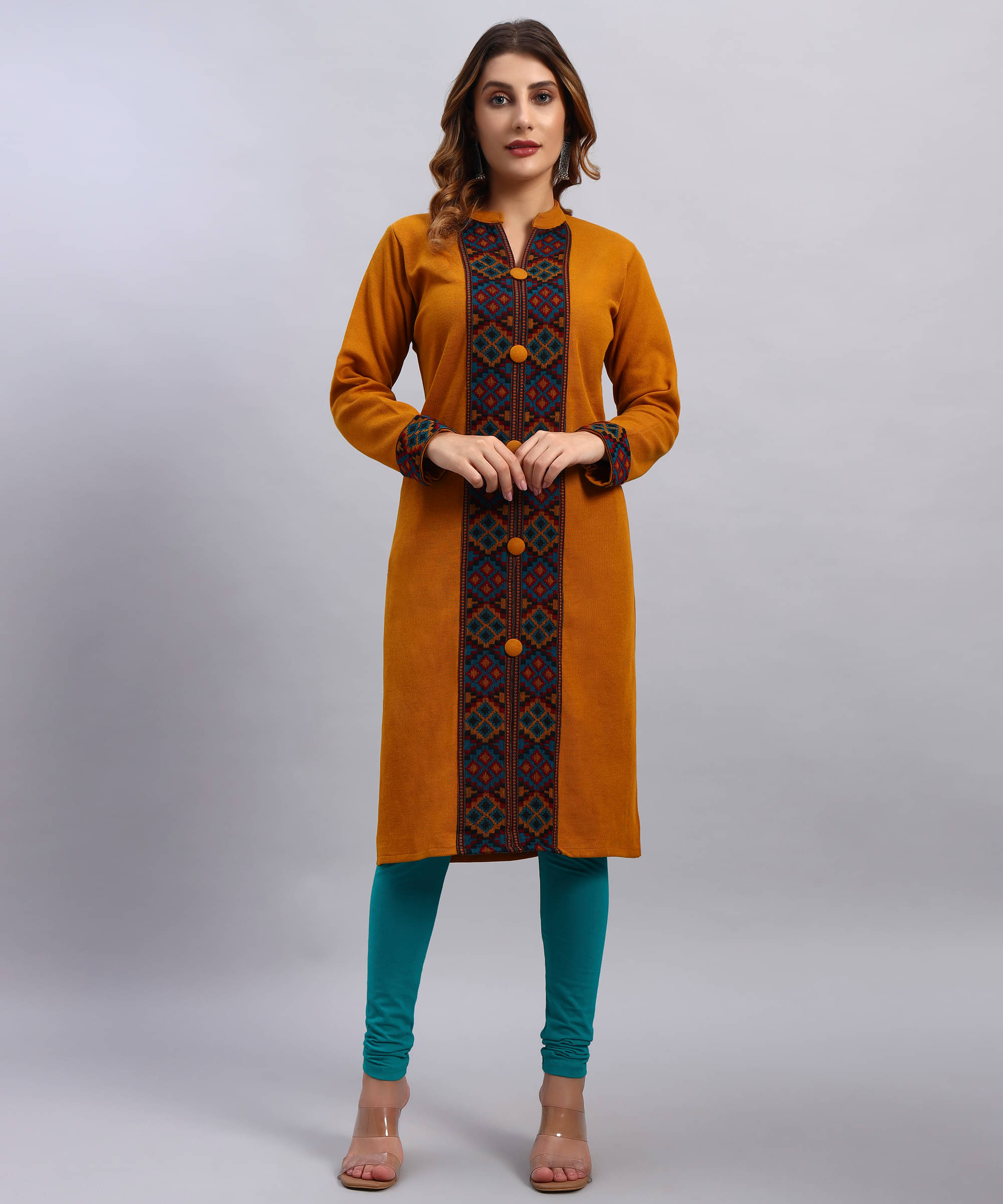     			DRESSBASE Women Woollen Self Design Straight Kurti ( Mustard )