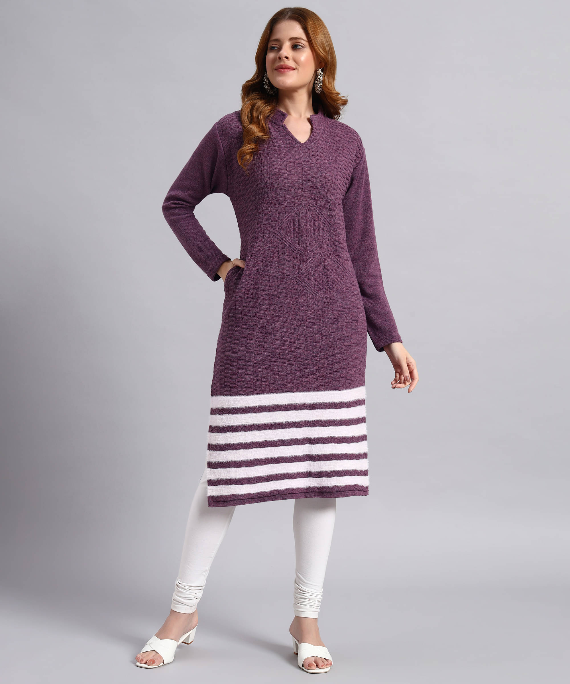 DRESSBASE Women Woollen Self Design Straight Kurti ( Lavender ) DRESSBASE Women Woollen Self Design Straight Kurti ( Lavender )
