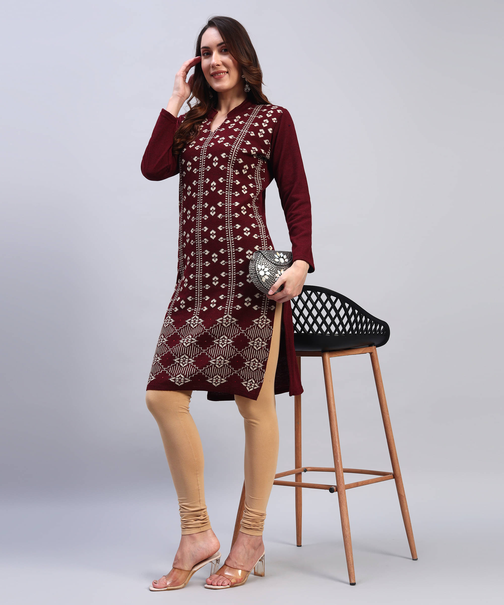 DRESSBASE Women Woollen Self Design Straight Kurti ( Maroon ) DRESSBASE Women Woollen Self Design Straight Kurti ( Maroon )