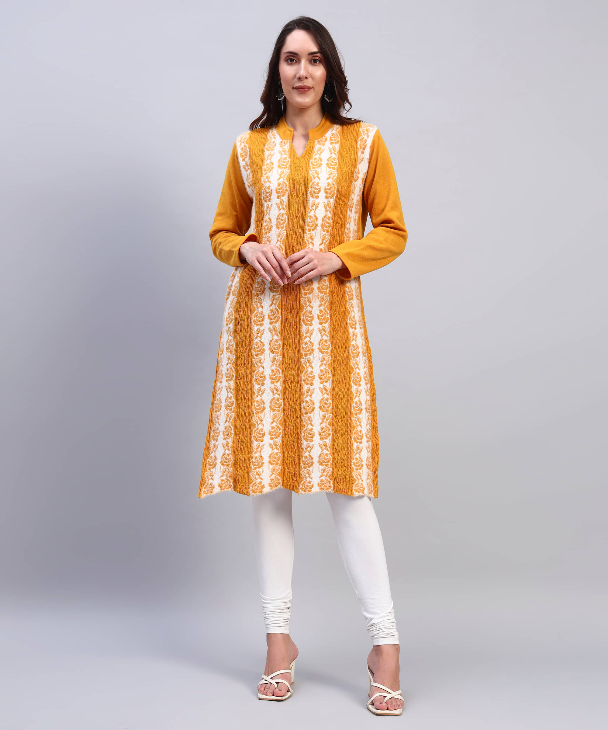 DRESSBASE Women Woollen Self Design Straight Kurti ( Mustard ) DRESSBASE Women Woollen Self Design Straight Kurti ( Mustard )