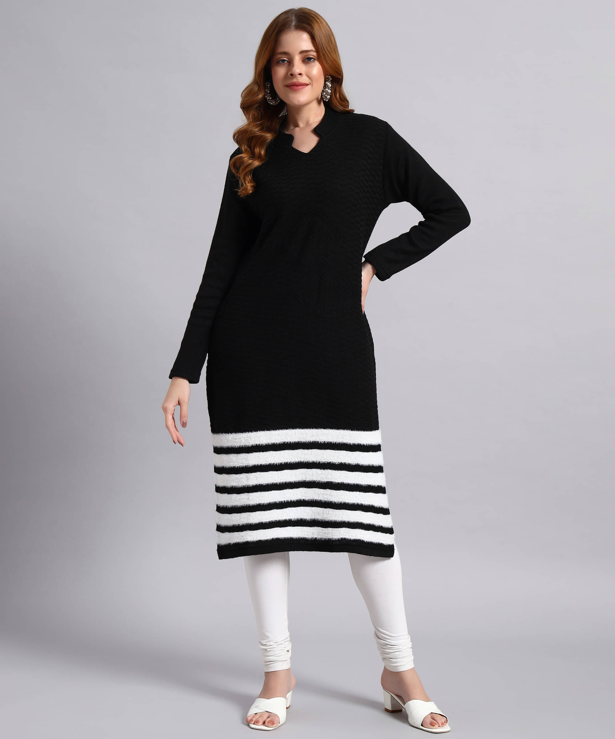 DRESSBASE Women Woollen Self Design Straight Kurti ( Black ) DRESSBASE Women Woollen Self Design Straight Kurti ( Black )