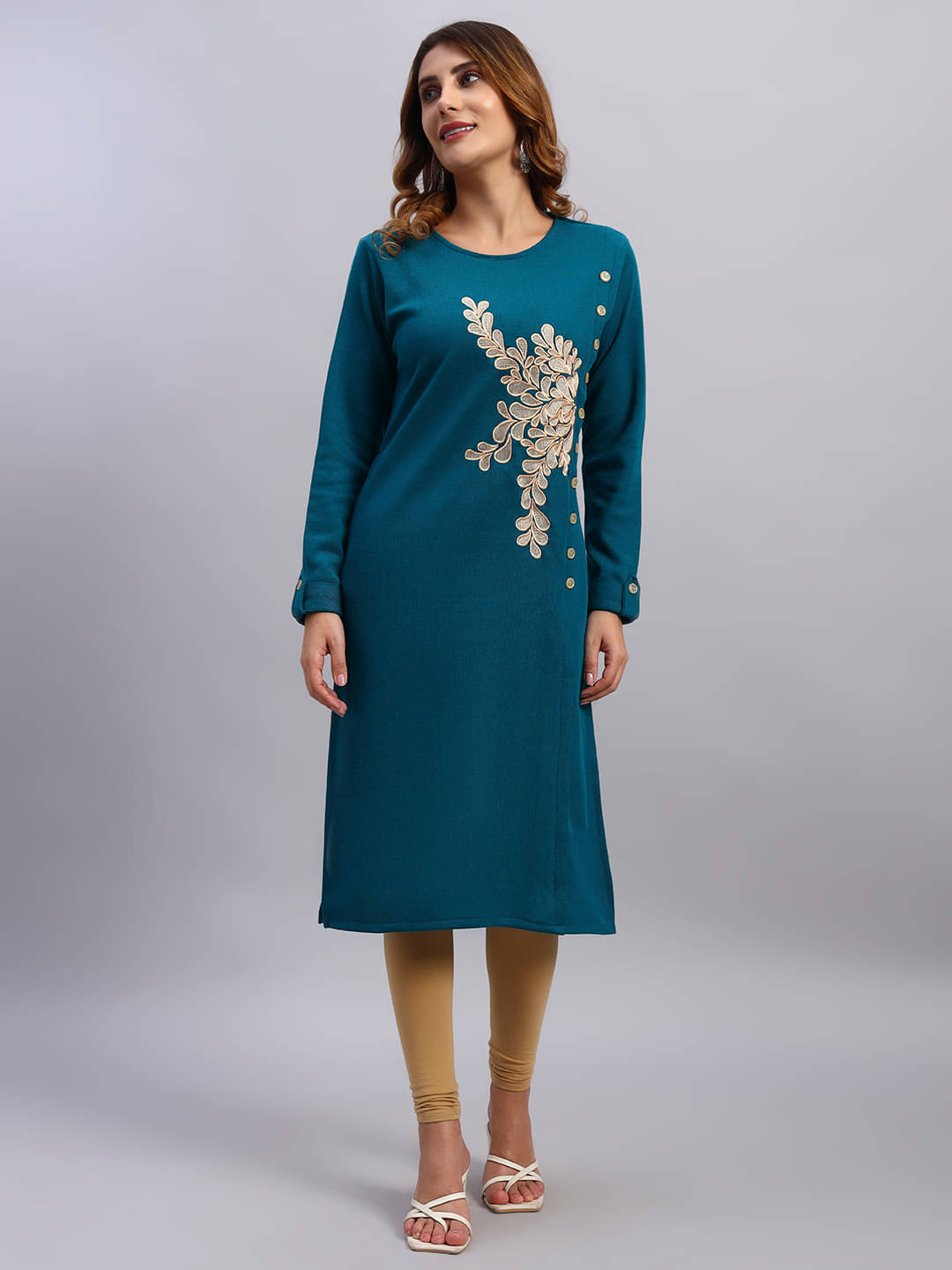 DRESSBASE Women Woollen Self Design Straight Kurti ( Sea Green ) DRESSBASE Women Woollen Self Design Straight Kurti ( Sea Green )