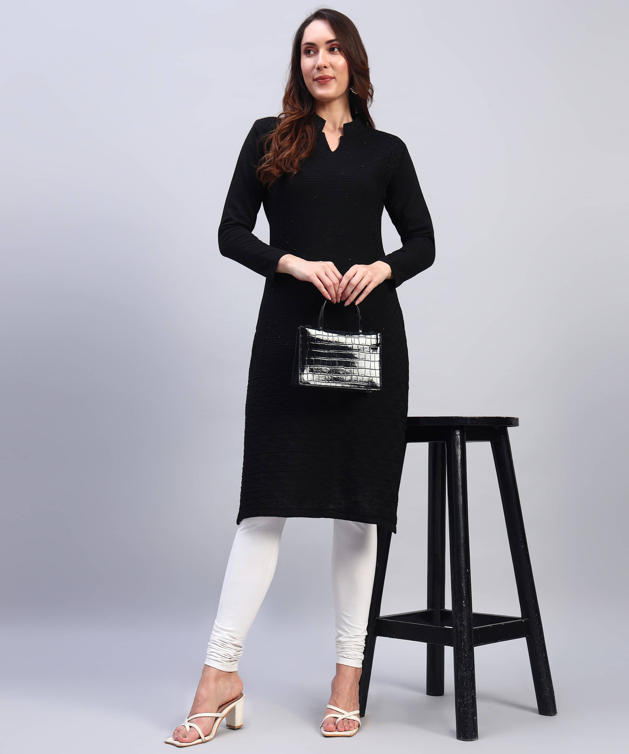 DRESSBASE Women Woollen Self Design Straight Kurti ( Black ) DRESSBASE Women Woollen Self Design Straight Kurti ( Black )