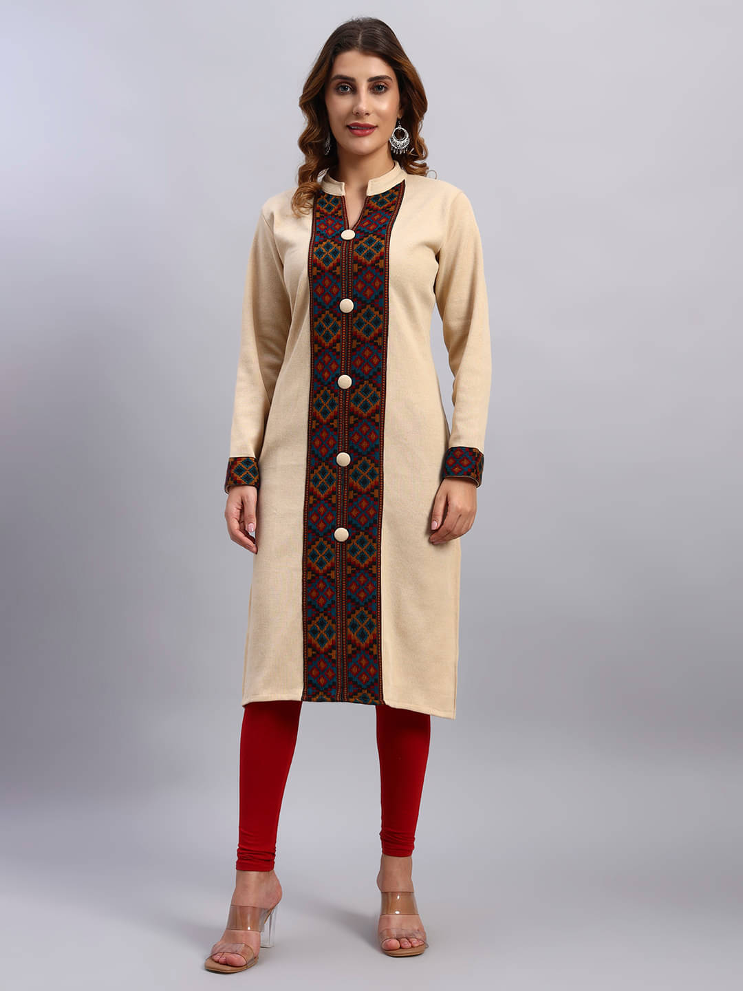     			DRESSBASE Women Woollen Self Design Straight Kurti ( Cream )