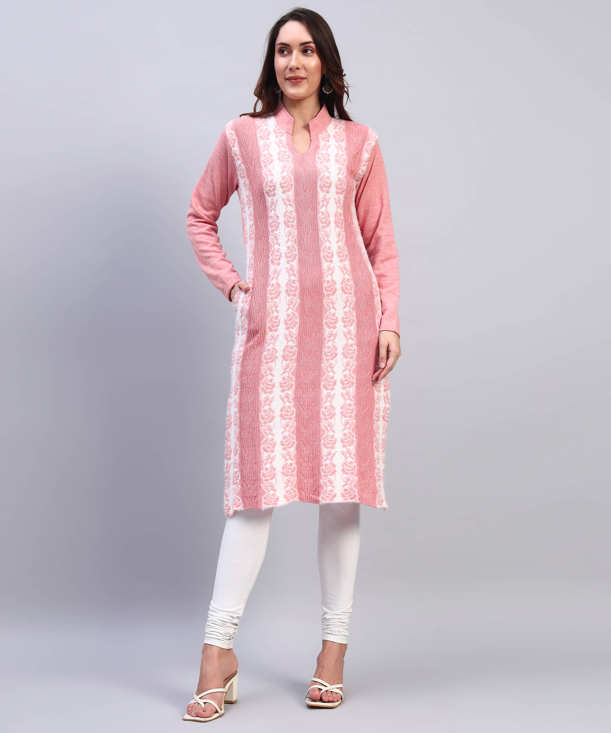     			DRESSBASE Women Woollen Self Design Straight Kurti ( Peach )