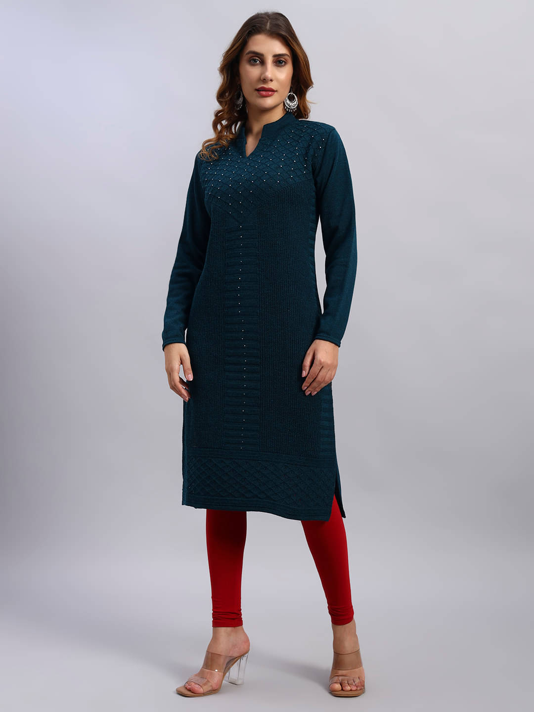 DRESSBASE Women Woollen Self Design Straight Kurti ( Blue ) DRESSBASE Women Woollen Self Design Straight Kurti ( Blue )