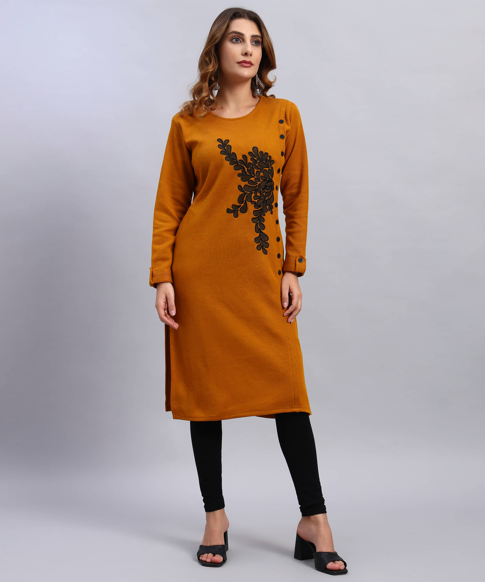DRESSBASE Women Woollen Self Design Straight Kurti ( Mustard ) DRESSBASE Women Woollen Self Design Straight Kurti ( Mustard )