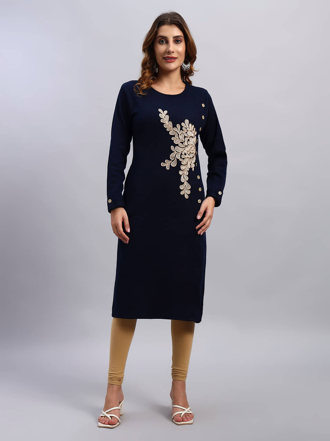DRESSBASE Women Woollen Self Design Straight Kurti ( Navy ) DRESSBASE Women Woollen Self Design Straight Kurti ( Navy )
