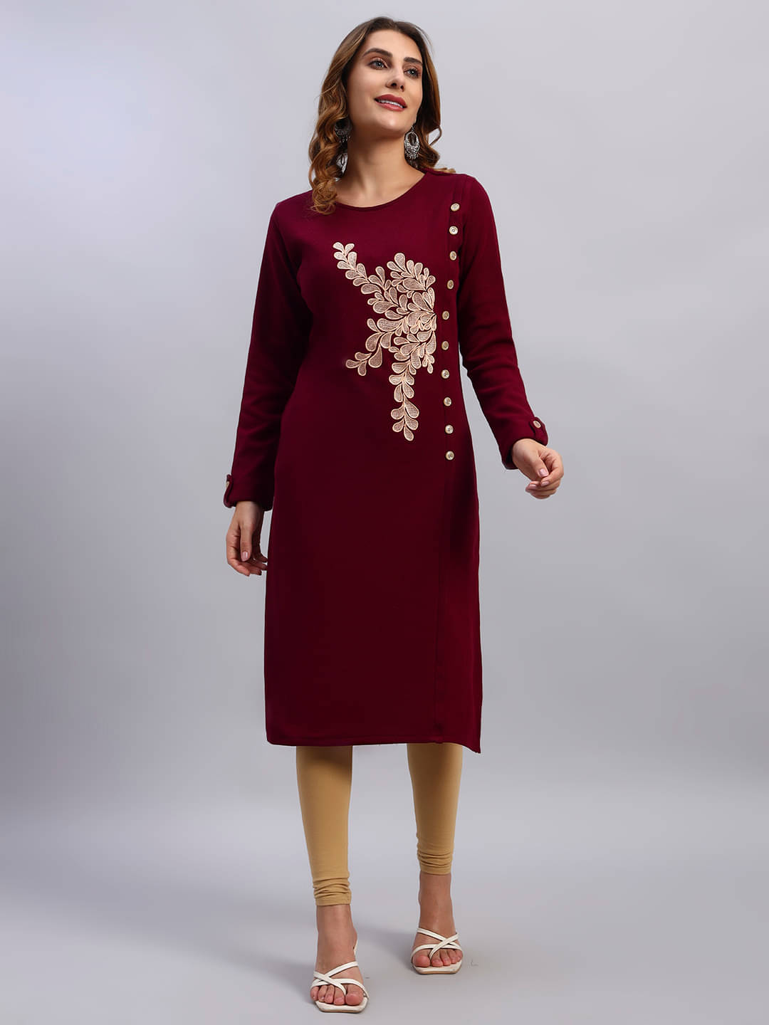 DRESSBASE Women Woollen Self Design Straight Kurti ( Wine ) DRESSBASE Women Woollen Self Design Straight Kurti ( Wine )