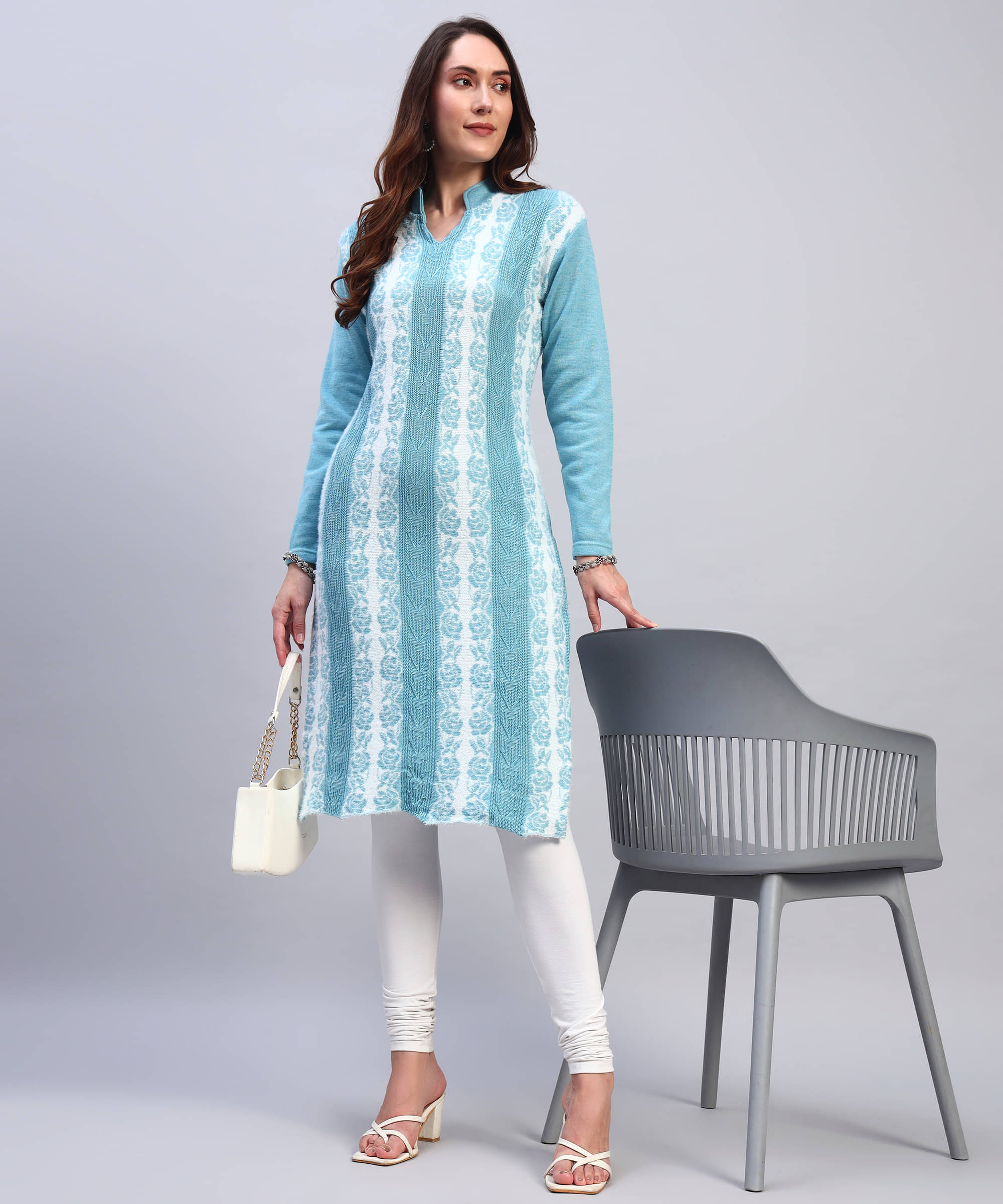 DRESSBASE Women Woollen Self Design Straight Kurti ( Light Blue ) DRESSBASE Women Woollen Self Design Straight Kurti ( Light Blue )