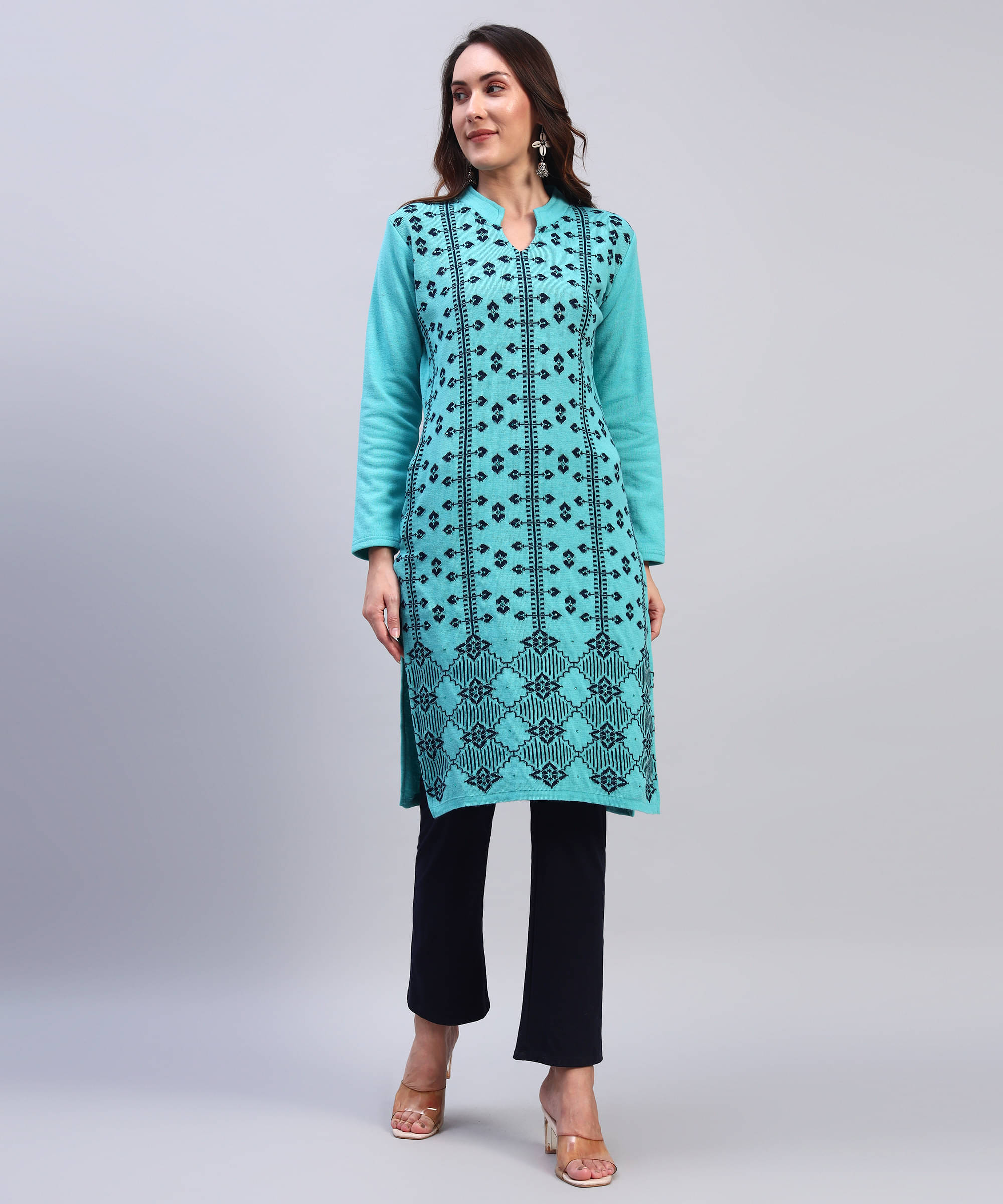 DRESSBASE Women Woollen Self Design Straight Kurti ( Light Blue ) DRESSBASE Women Woollen Self Design Straight Kurti ( Light Blue )